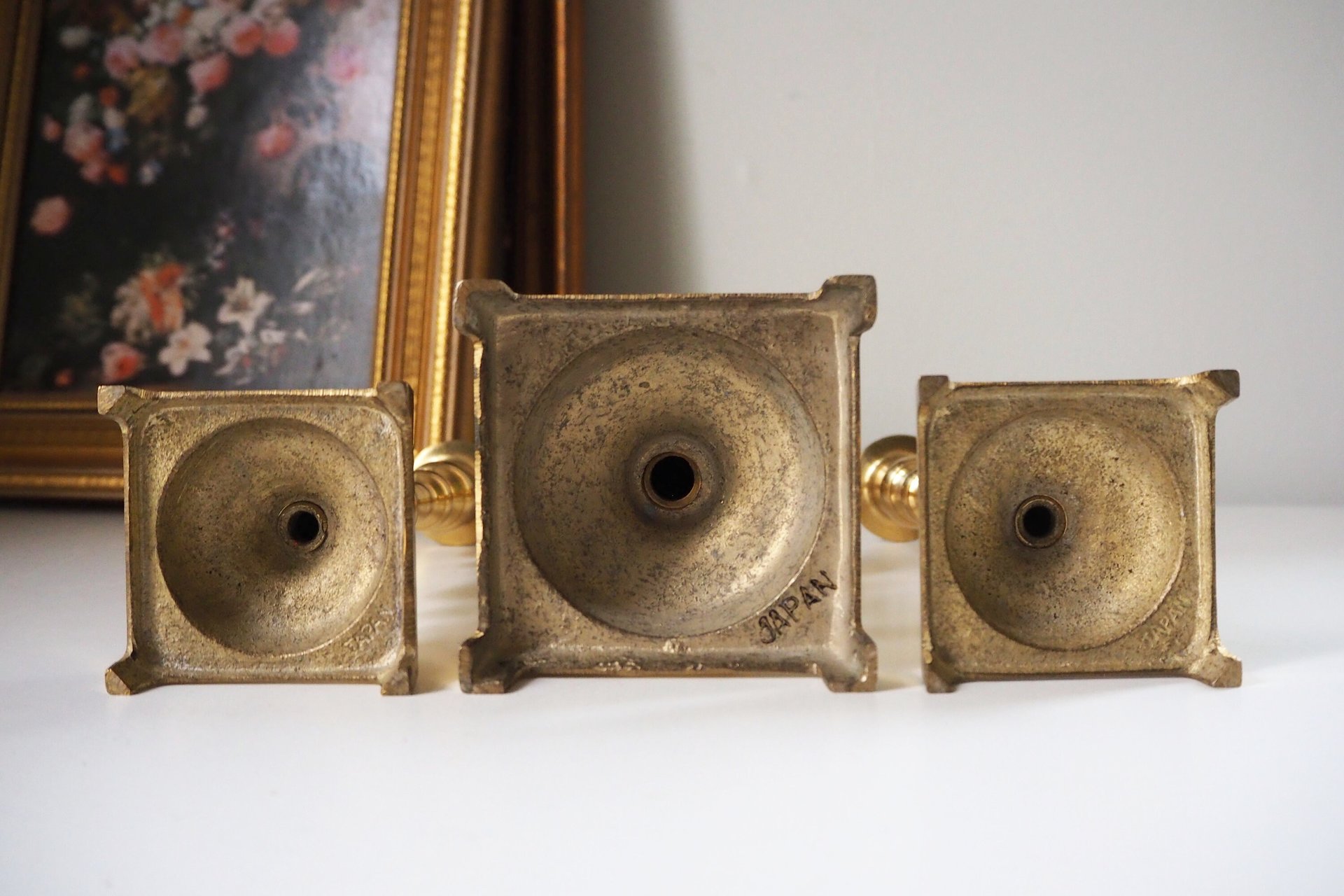Vintage candlestick holder set | Candlestick holders | Vintage brass candlestick holders and candle snuffer | Made in Japan