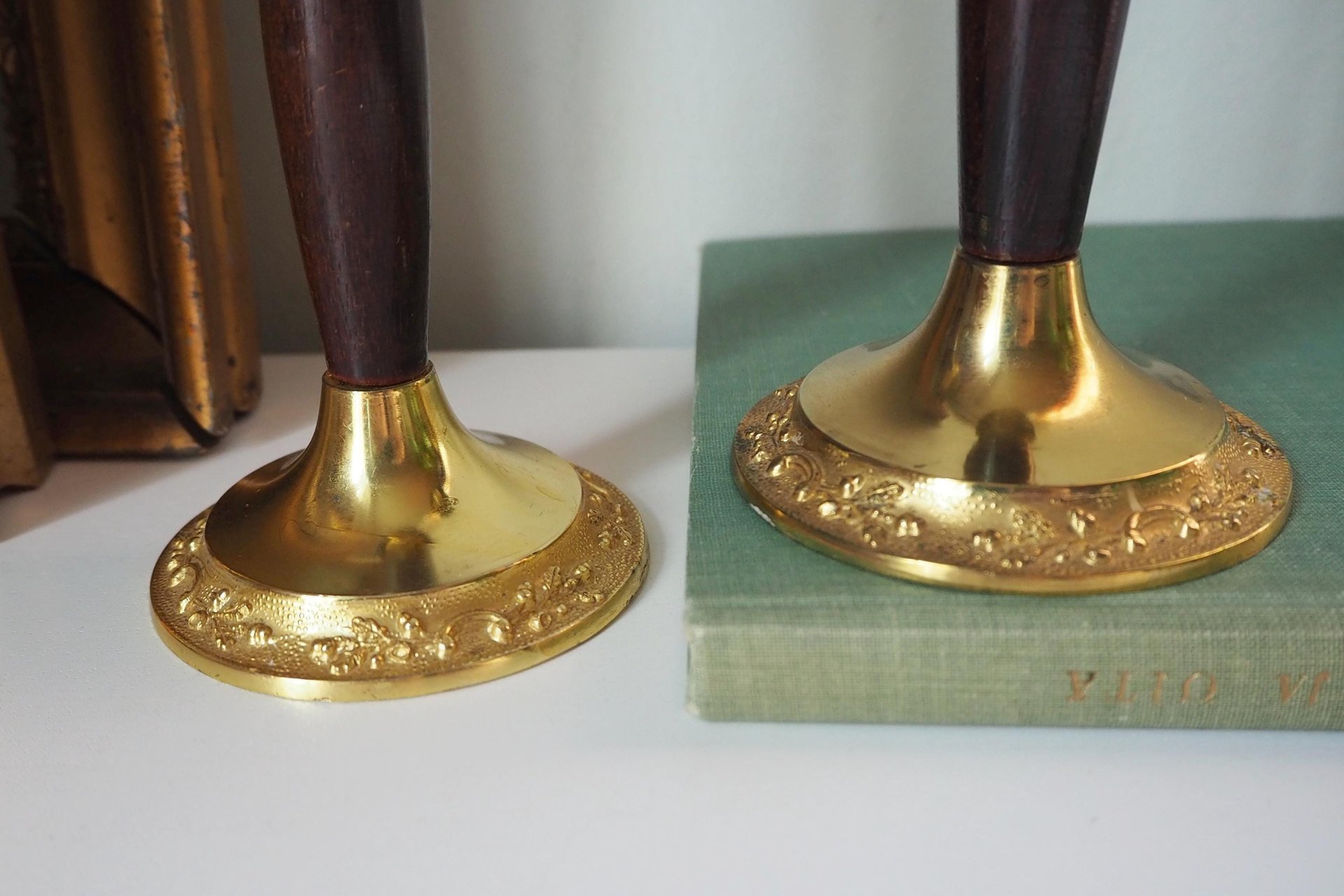 Set of two vintage candlestick holders | Gold plated candle holders | Vintage gold and wood candle holders | Made in England