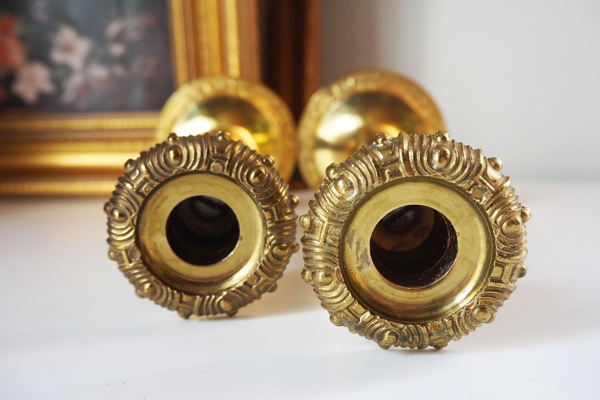 Set of two vintage candlestick holders | Gold plated candle holders | Vintage gold and wood candle holders | Made in England