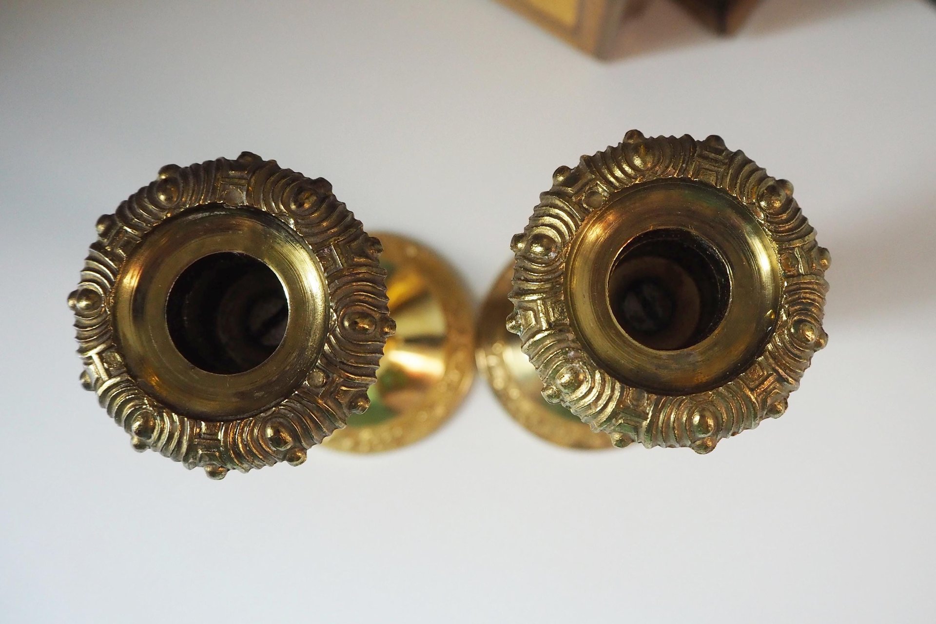 Set of two vintage candlestick holders | Gold plated candle holders | Vintage gold and wood candle holders | Made in England