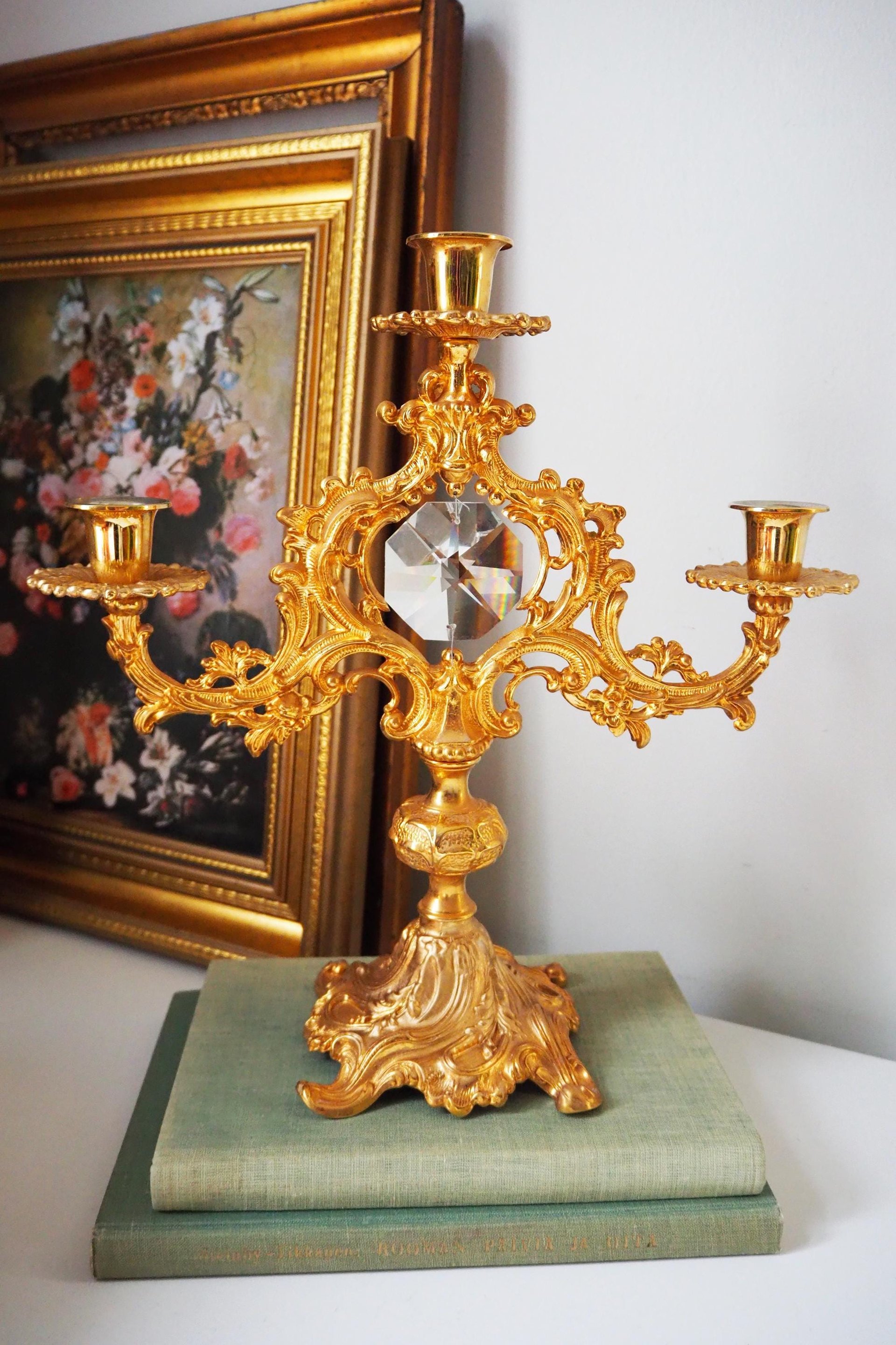 Vintage three arm candelabra | Crystal candelabra | Gold plated candelabrum | Three arm gold plated candlestick holder | Vintage candelabra