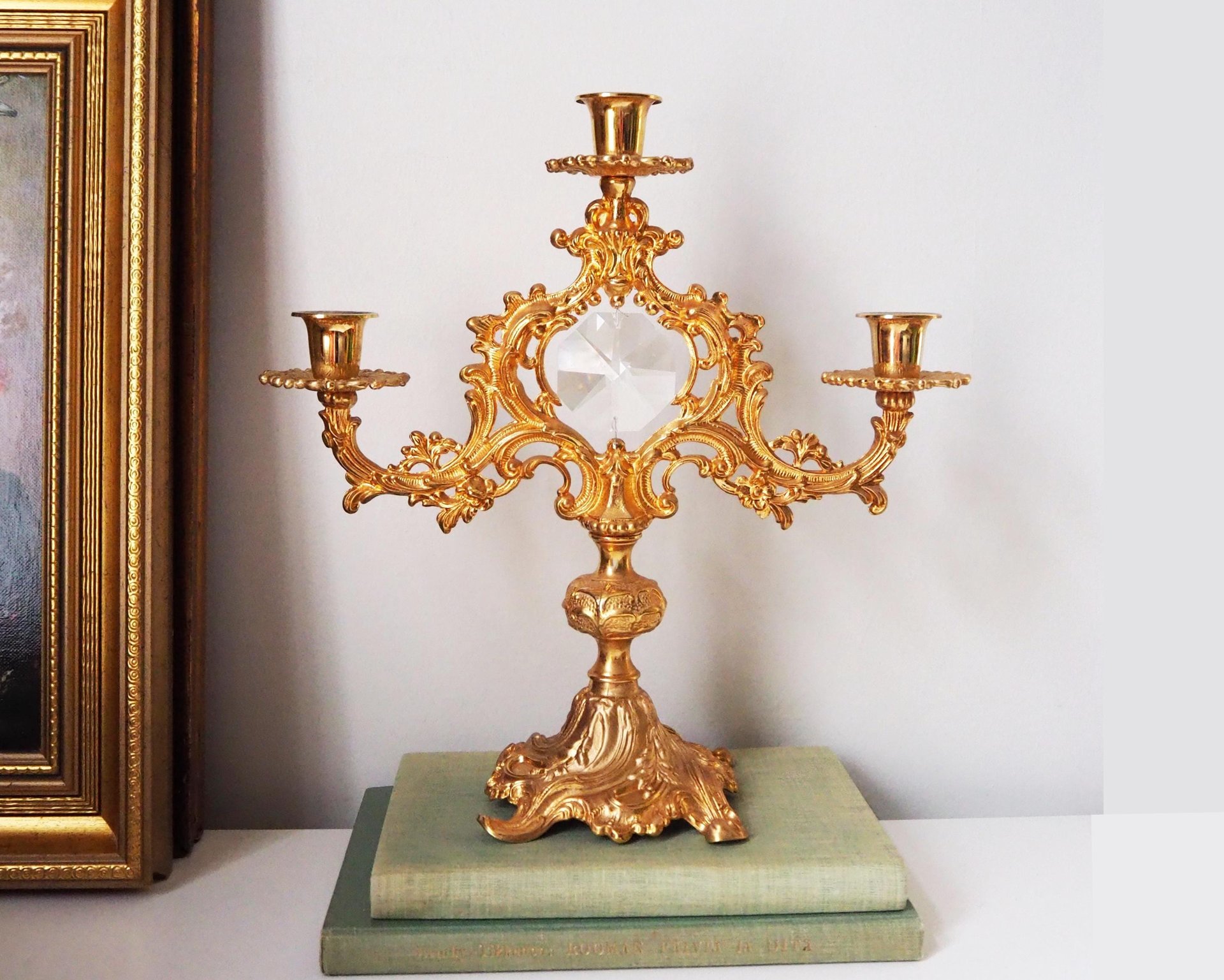 Vintage three arm candelabra | Crystal candelabra | Gold plated candelabrum | Three arm gold plated candlestick holder | Vintage candelabra