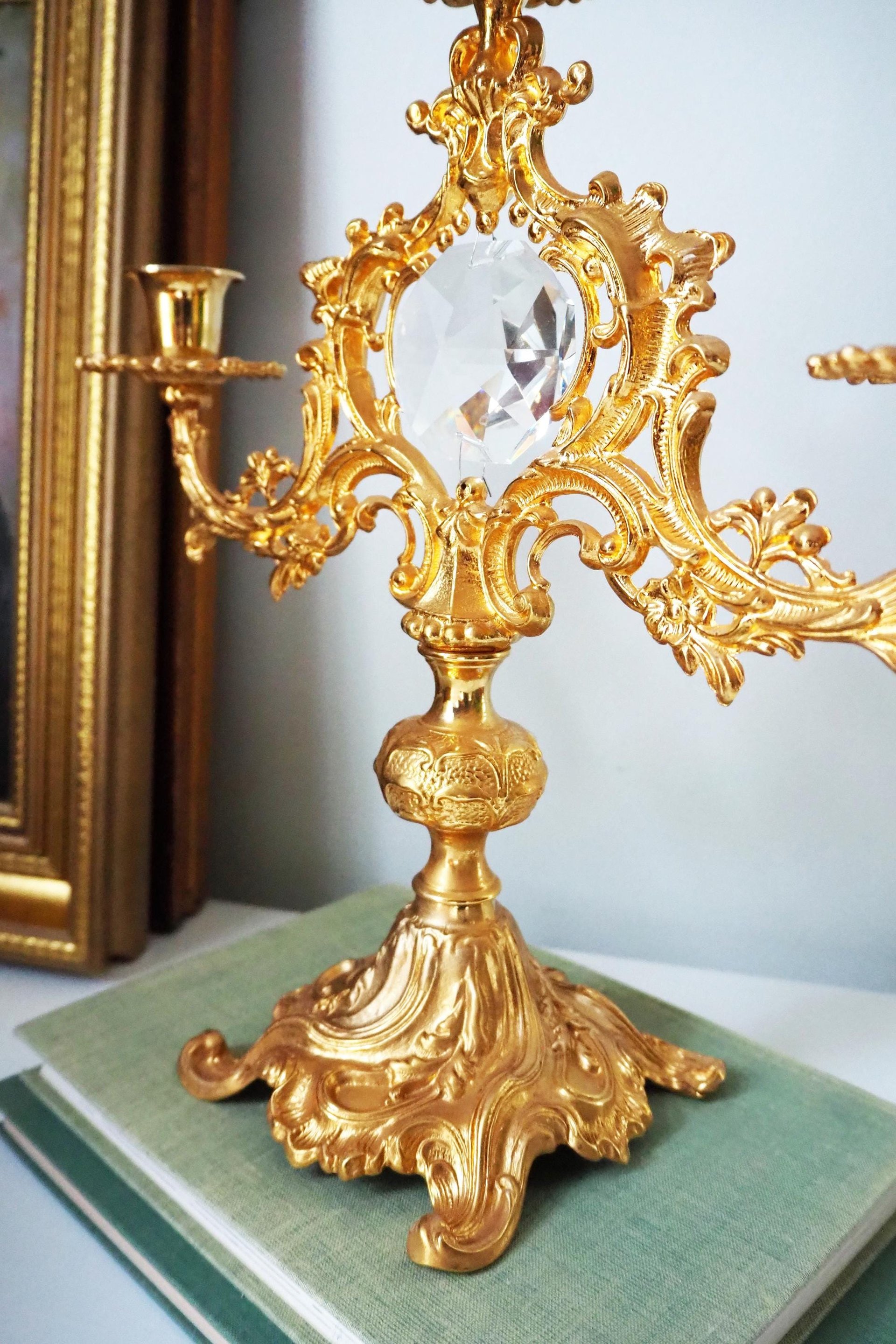 Vintage three arm candelabra | Crystal candelabra | Gold plated candelabrum | Three arm gold plated candlestick holder | Vintage candelabra