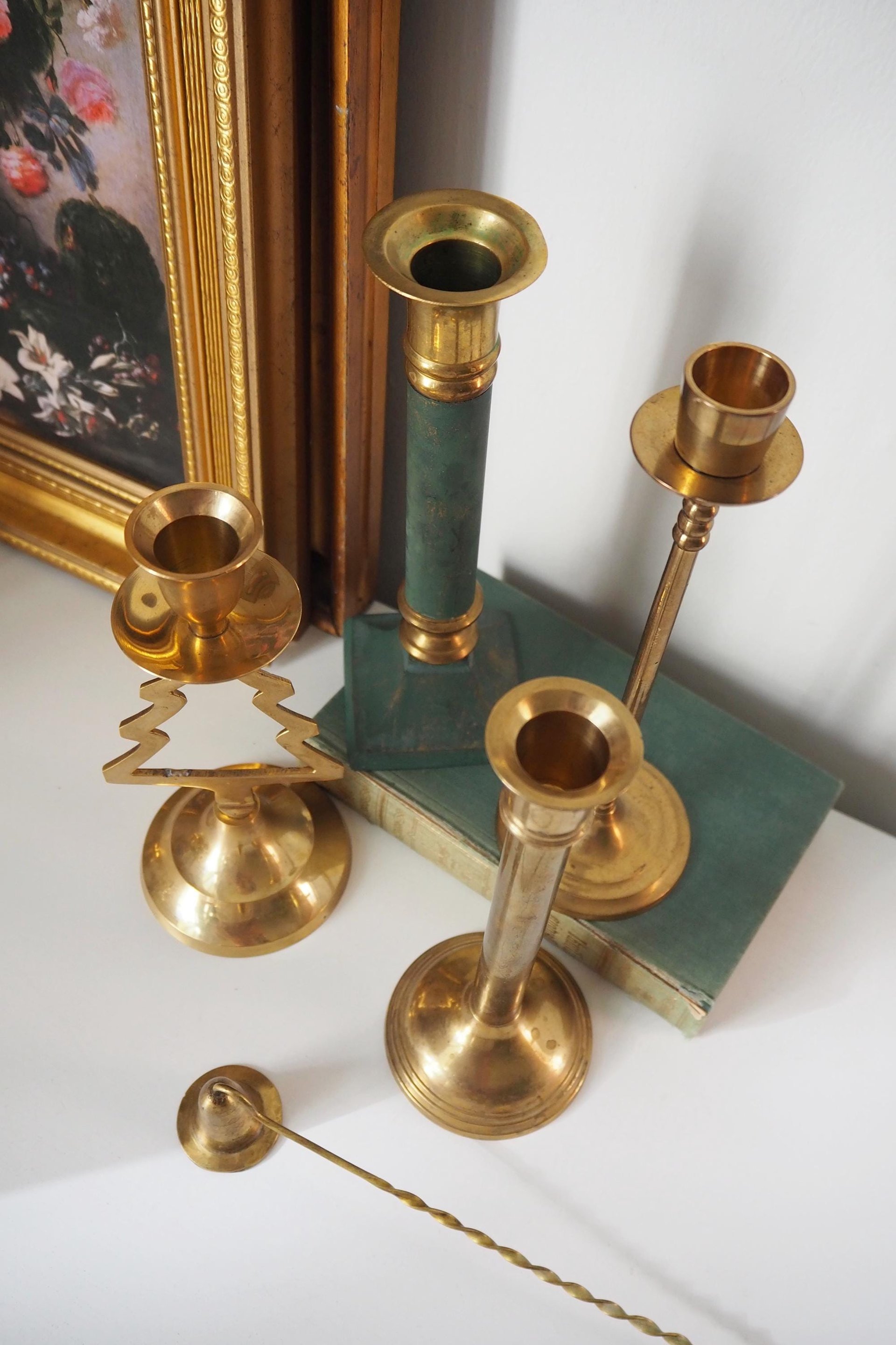 Vintage candlestick holder set | Candlestick holders | Vintage brass candlestick holders and candle snuffer | Vintage Christmas gift set