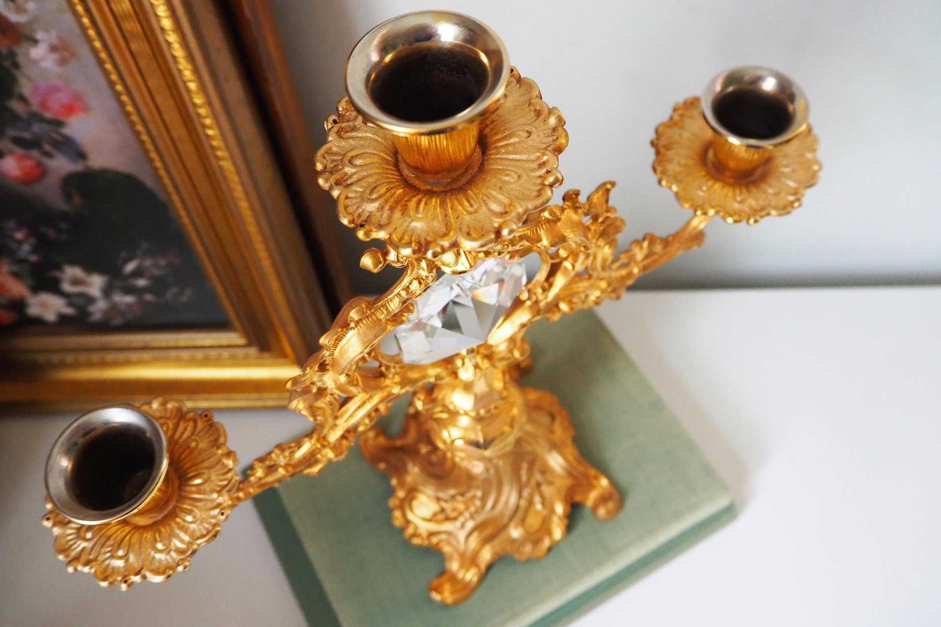 Vintage three arm candelabra | Crystal candelabra | Gold plated candelabrum | Three arm gold plated candlestick holder | Vintage candelabra
