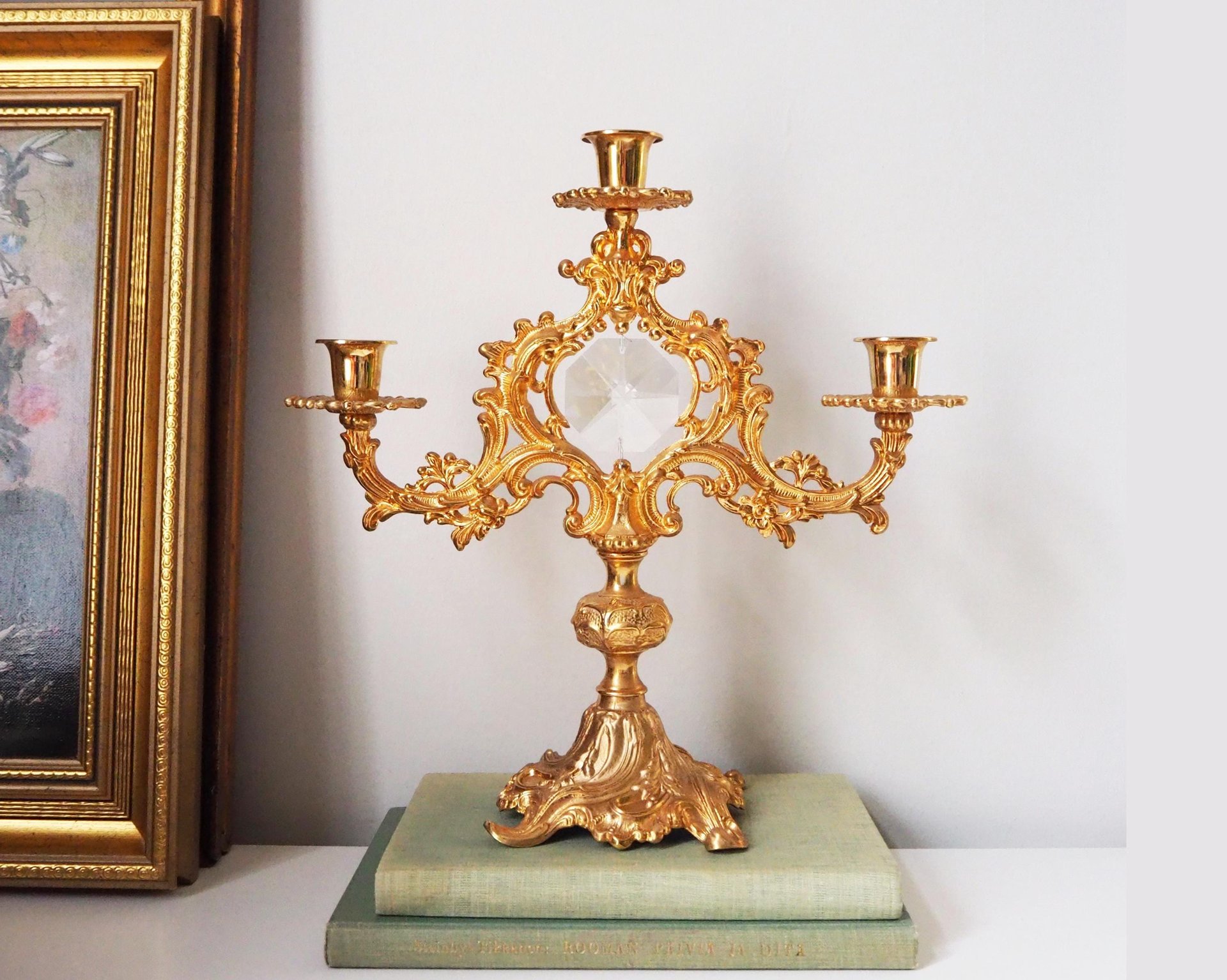 Vintage three arm candelabra | Crystal candelabra | Gold plated candelabrum | Three arm gold plated candlestick holder | Vintage candelabra