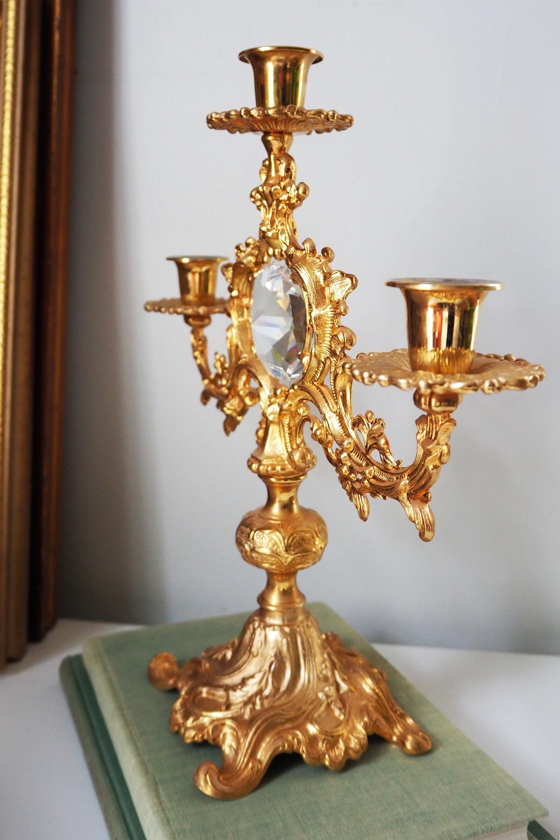 Vintage three arm candelabra | Crystal candelabra | Gold plated candelabrum | Three arm gold plated candlestick holder | Vintage candelabra