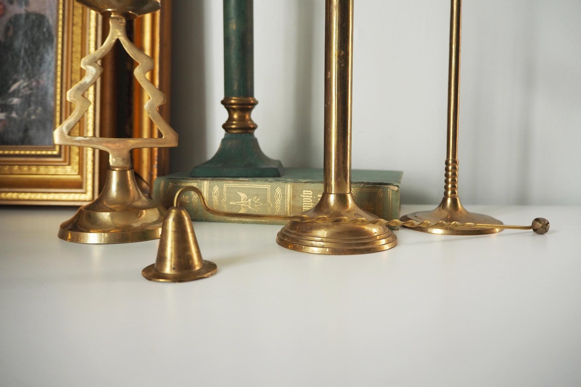 Vintage candlestick holder set | Candlestick holders | Vintage brass candlestick holders and candle snuffer | Vintage Christmas gift set