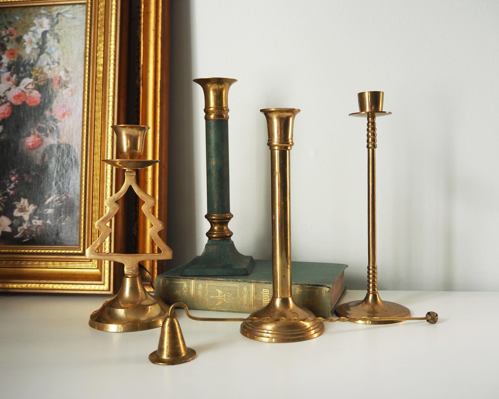 Vintage candlestick holder set | Candlestick holders | Vintage brass candlestick holders and candle snuffer | Vintage Christmas gift set