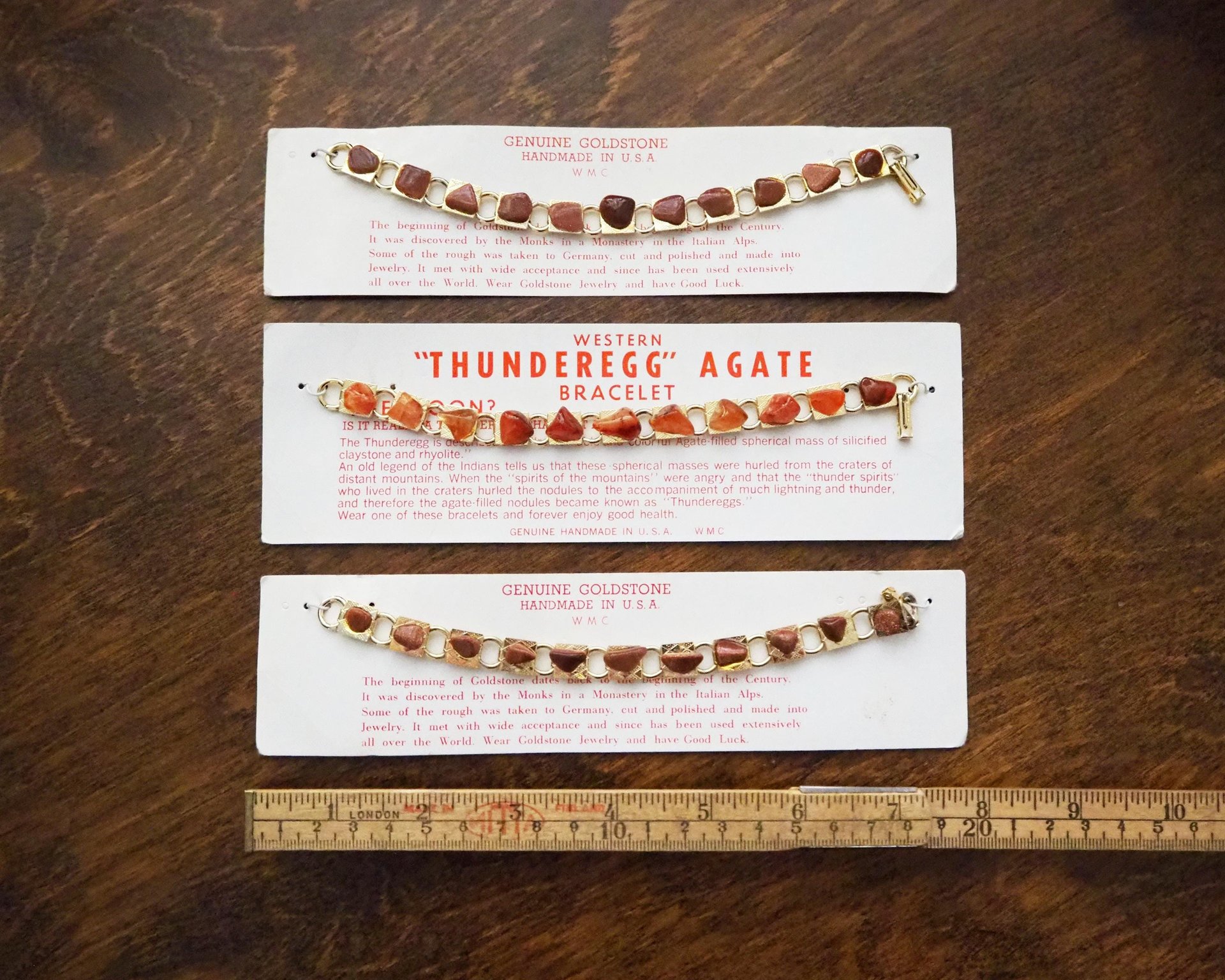 Set of three vintage bracelets | Agate and goldstone bracelets | Thunderegg agate bracelet | Genuine Goldstone bracelets | Handmade in USA