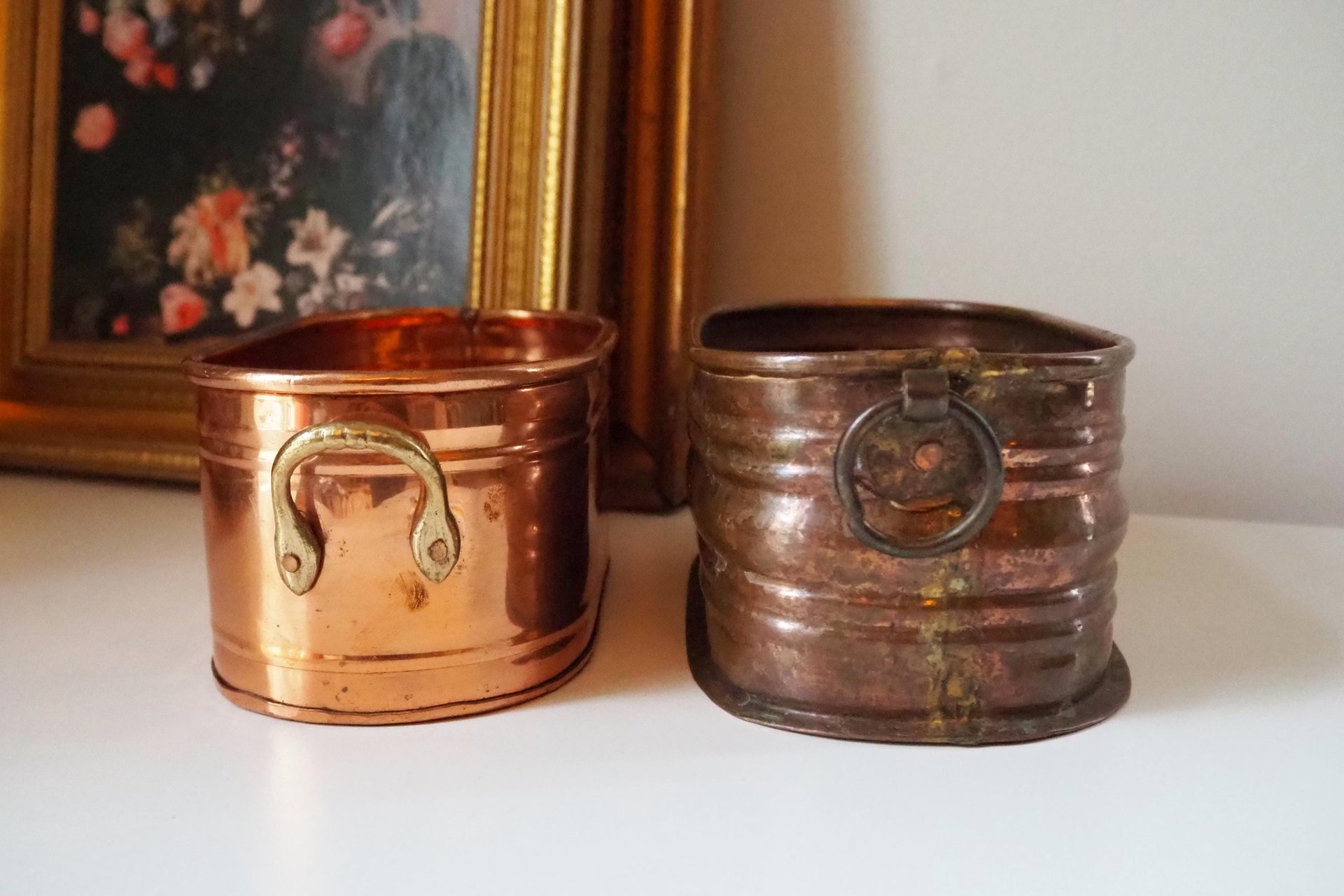 Vintage copper planters | Set of two mismatched copper planters | Vintage planters | Oblong copper planters | Vintage copper pots