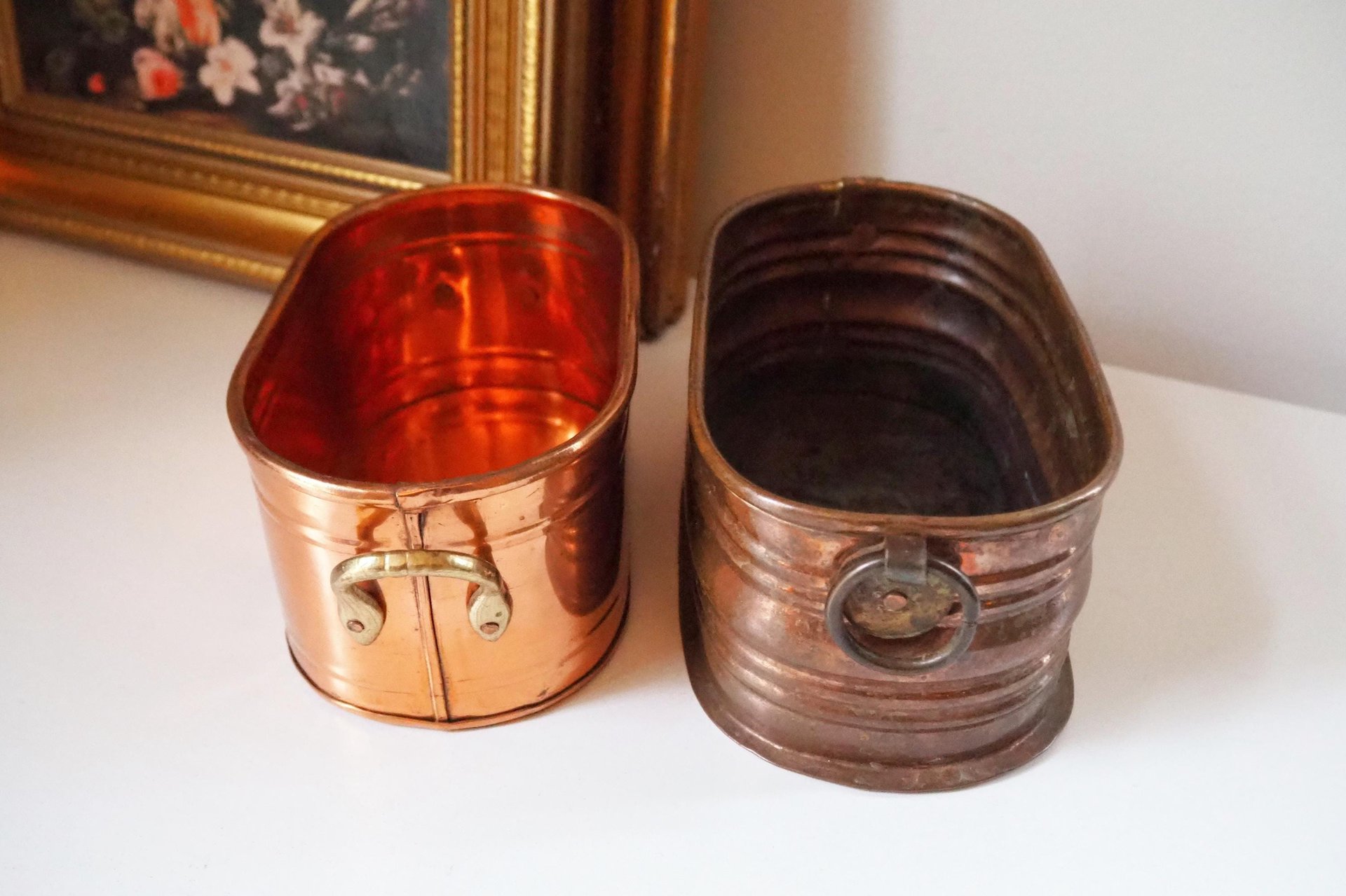 Vintage copper planters | Set of two mismatched copper planters | Vintage planters | Oblong copper planters | Vintage copper pots