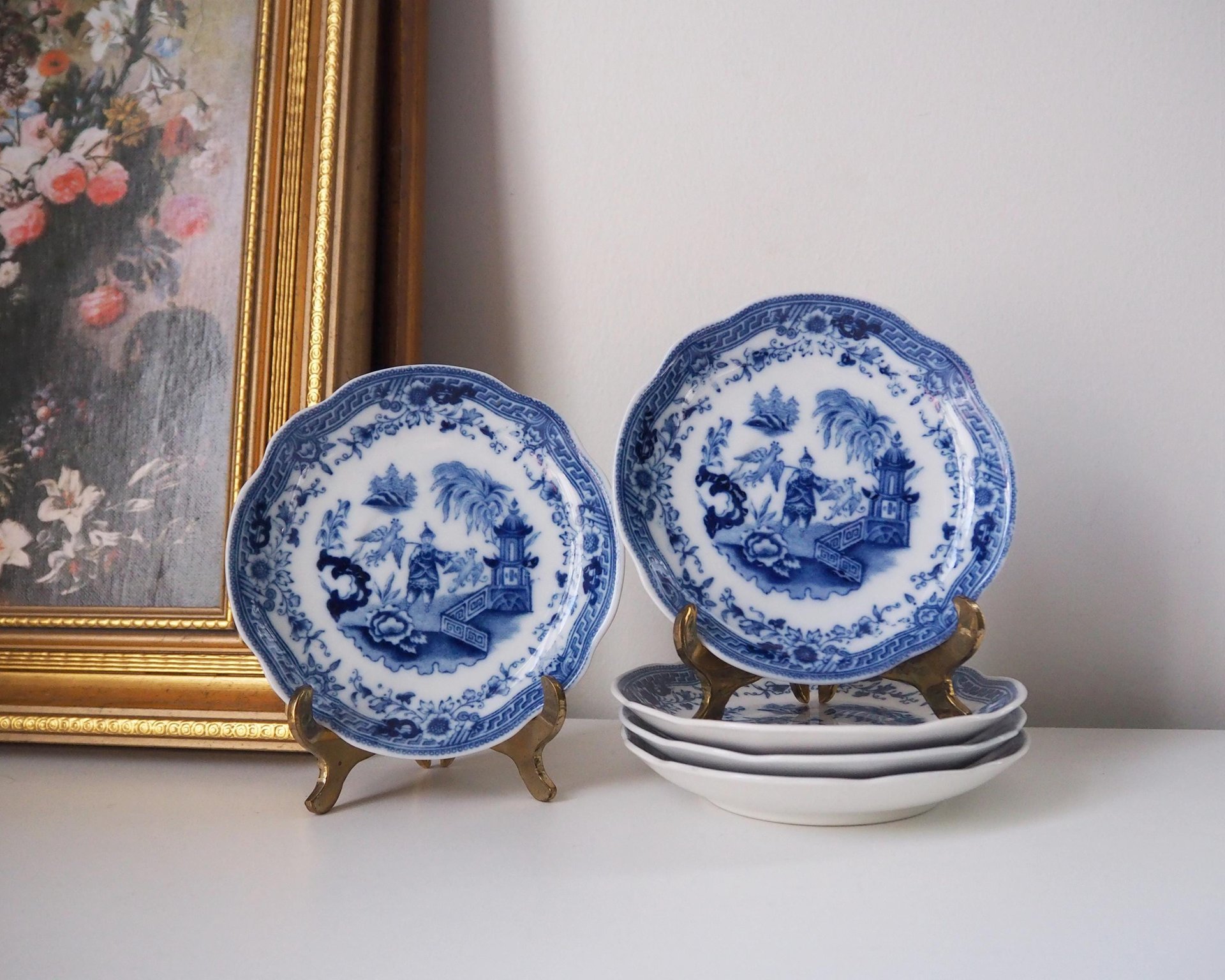 Vintage Arabia plates | Arabia Singapore saucers | Set of five Arabia Singapore saucers | Decorative blue and white plates | Arabia Finland
