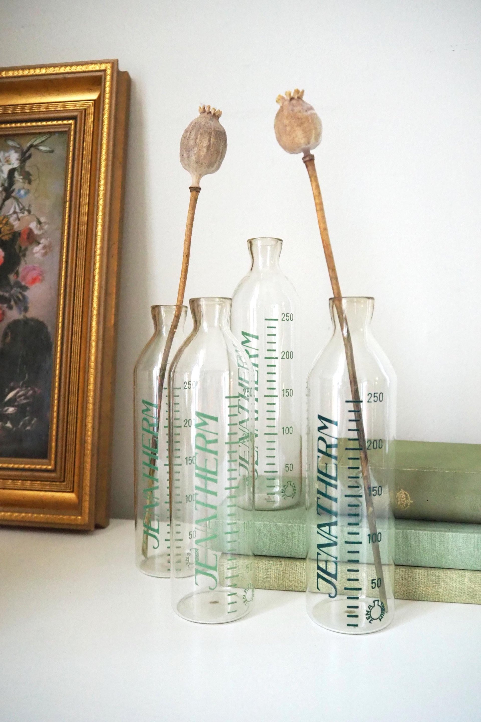 Set of four vintage glass bottles | Vintage Jenatherm laboratory bottles | Vintage apothecary bottles | Vintage glass vases