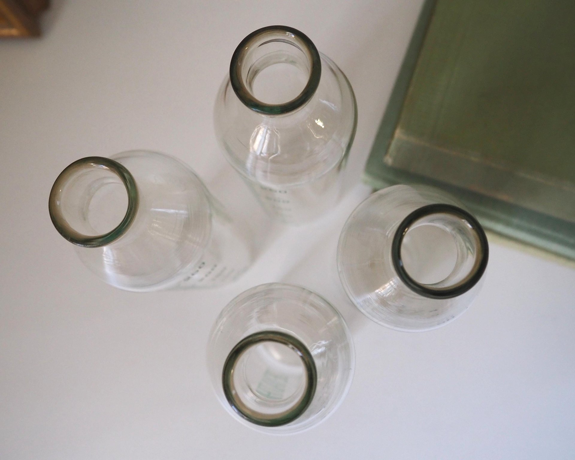 Set of four vintage glass bottles | Vintage Jenatherm laboratory bottles | Vintage apothecary bottles | Vintage glass vases