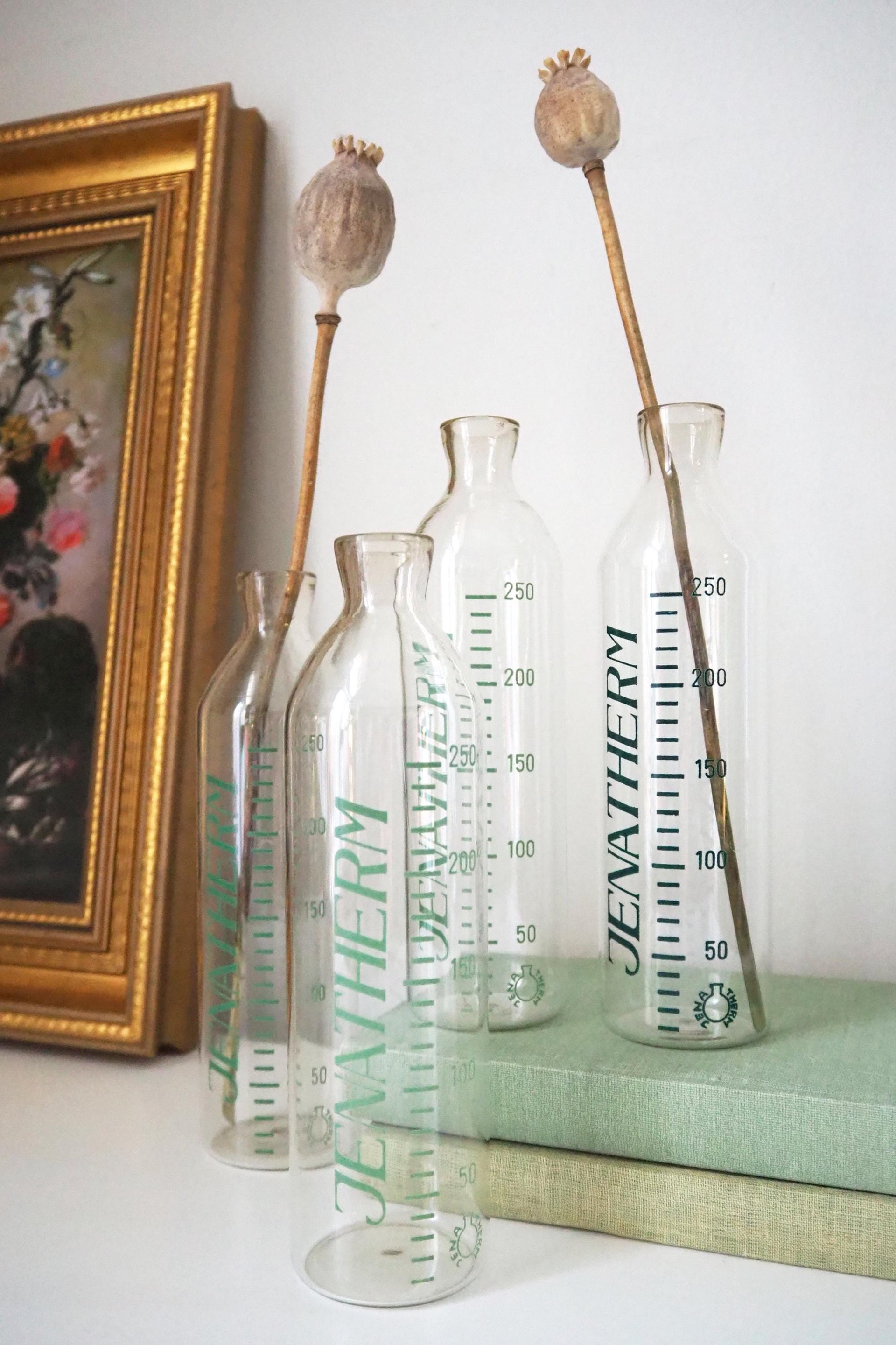Set of four vintage glass bottles | Vintage Jenatherm laboratory bottles | Vintage apothecary bottles | Vintage glass vases