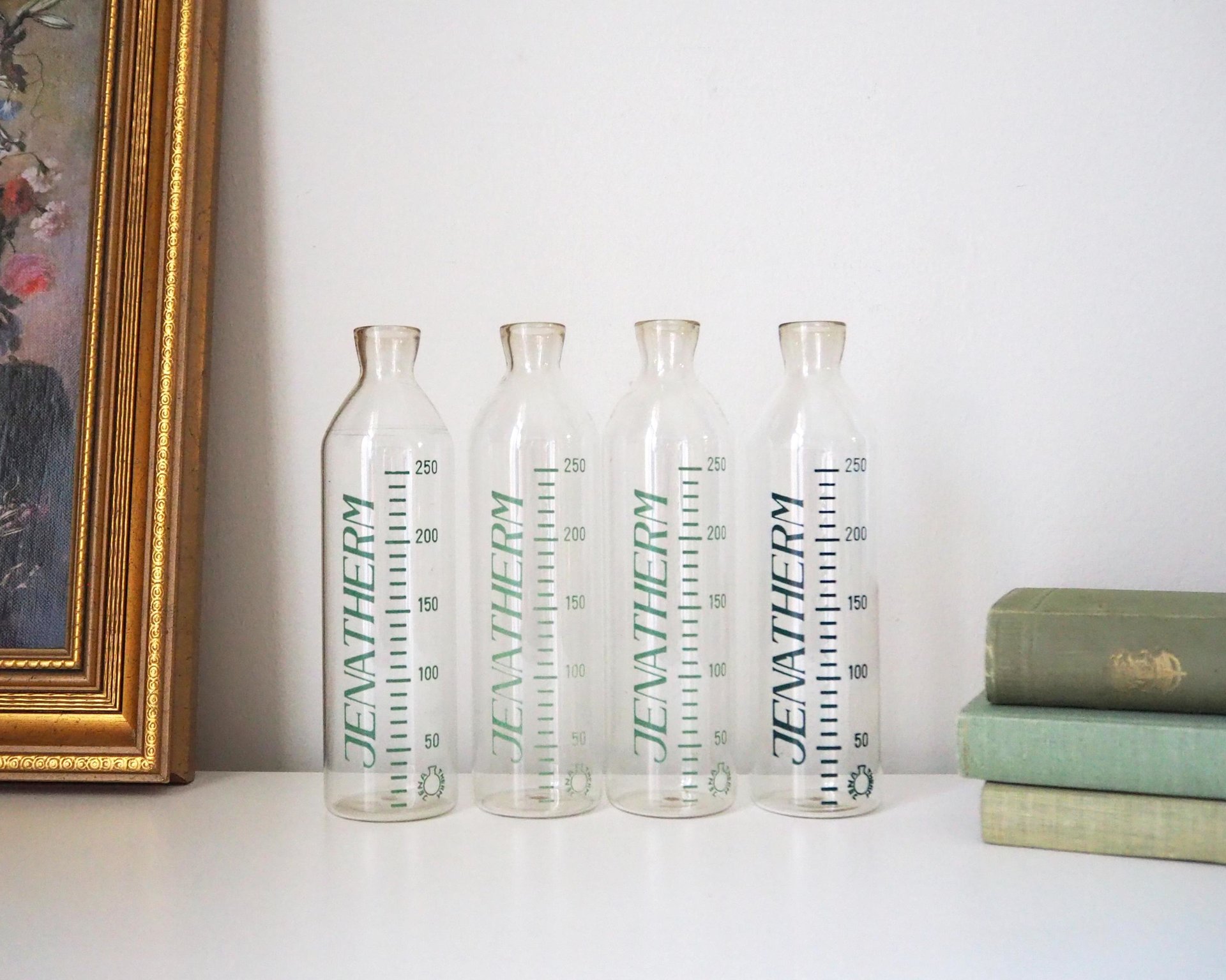Set of four vintage glass bottles | Vintage Jenatherm laboratory bottles | Vintage apothecary bottles | Vintage glass vases