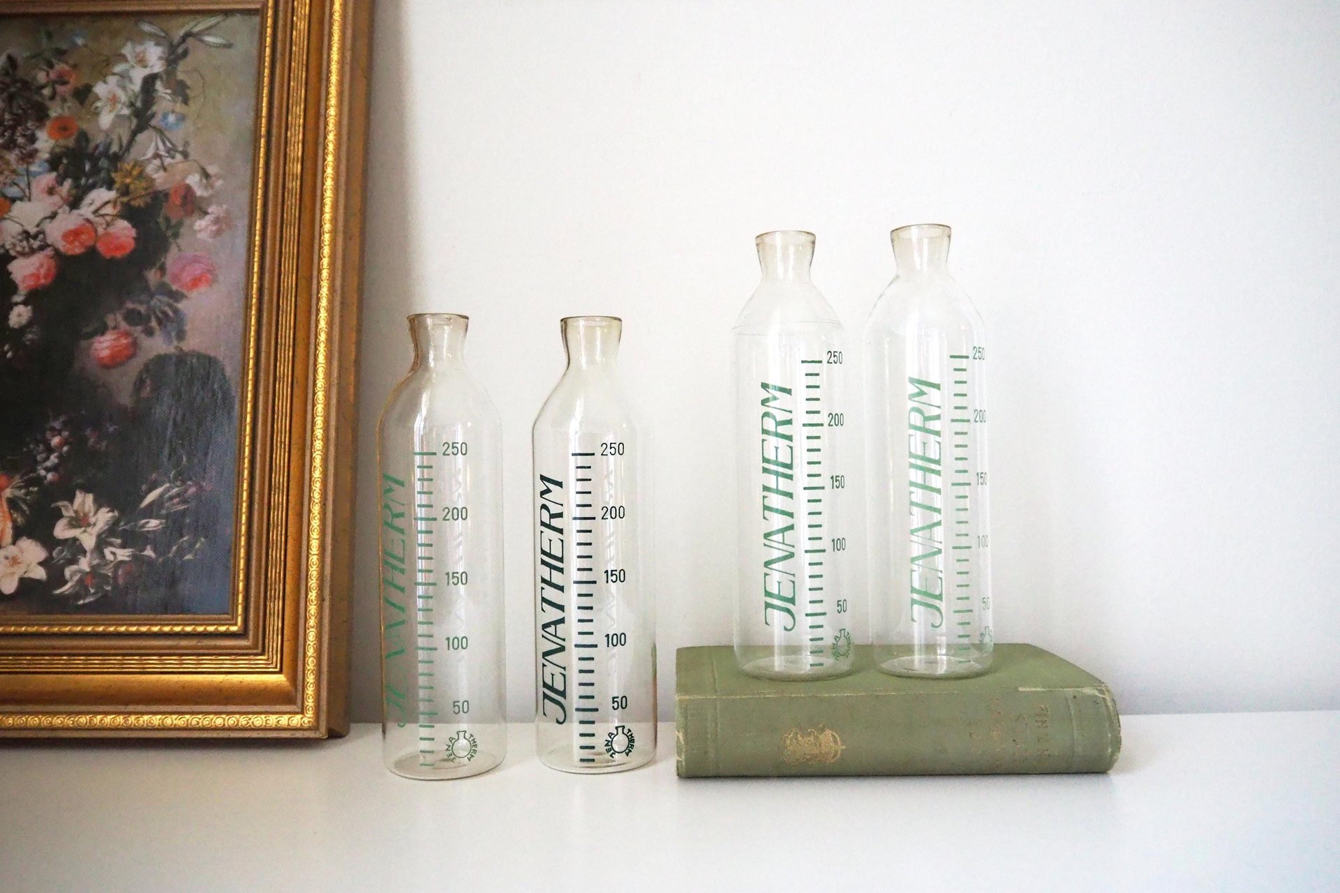 Set of four vintage glass bottles | Vintage Jenatherm laboratory bottles | Vintage apothecary bottles | Vintage glass vases