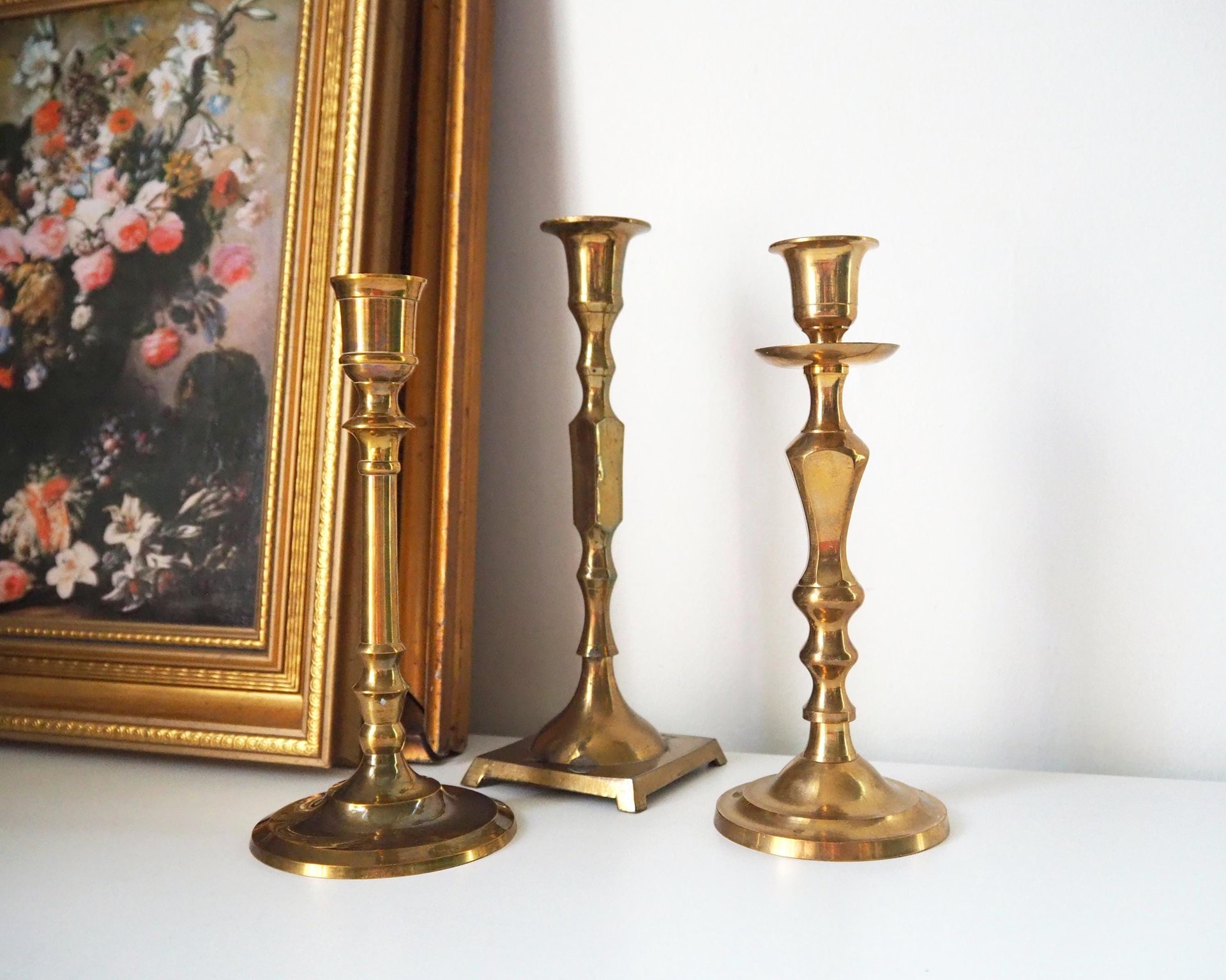 Set of three mismatched vintage candlestick holders | Brass candlestick holders | Vintage brass candle holders | Mismatched candle holders