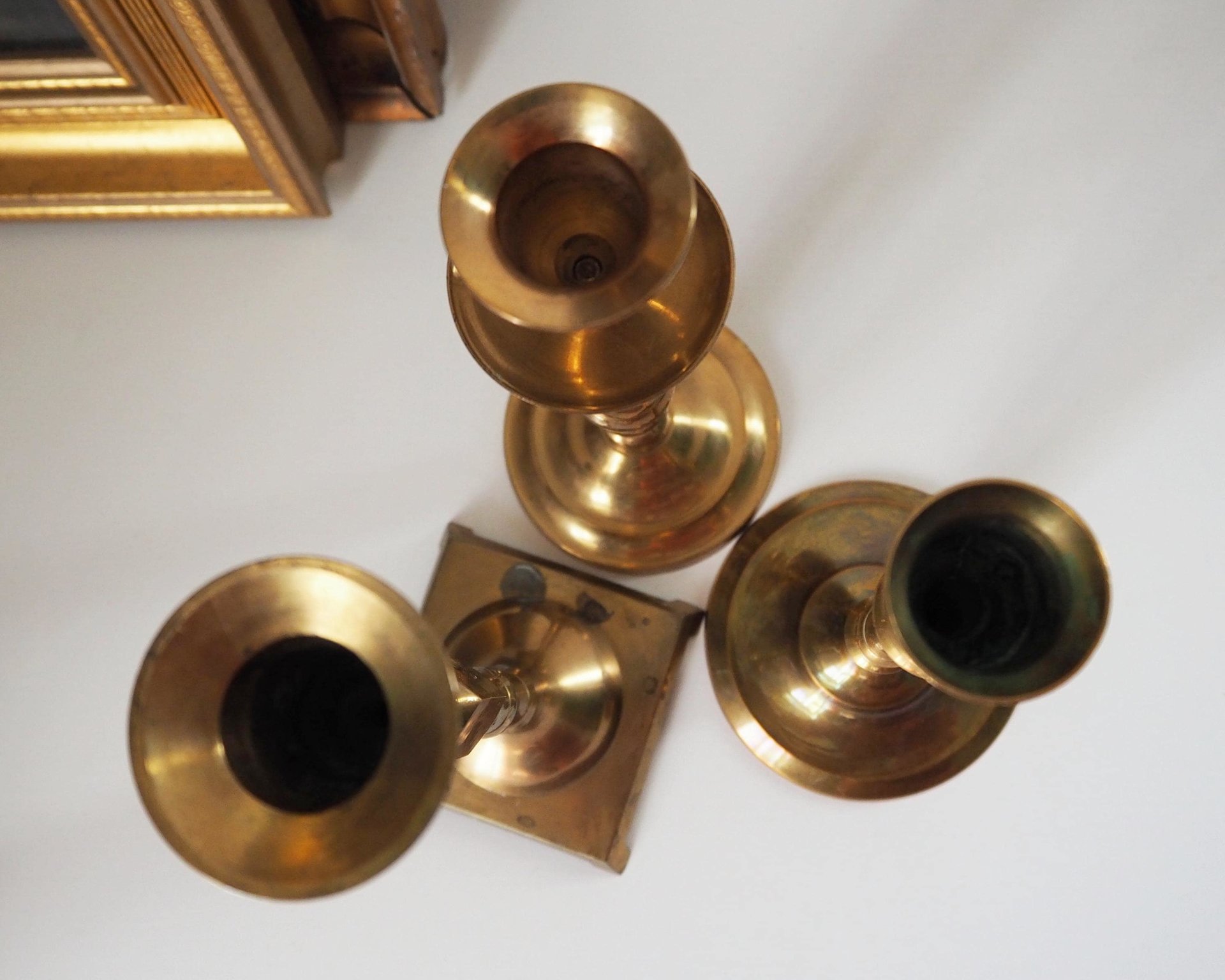 Set of three mismatched vintage candlestick holders | Brass candlestick holders | Vintage brass candle holders | Mismatched candle holders