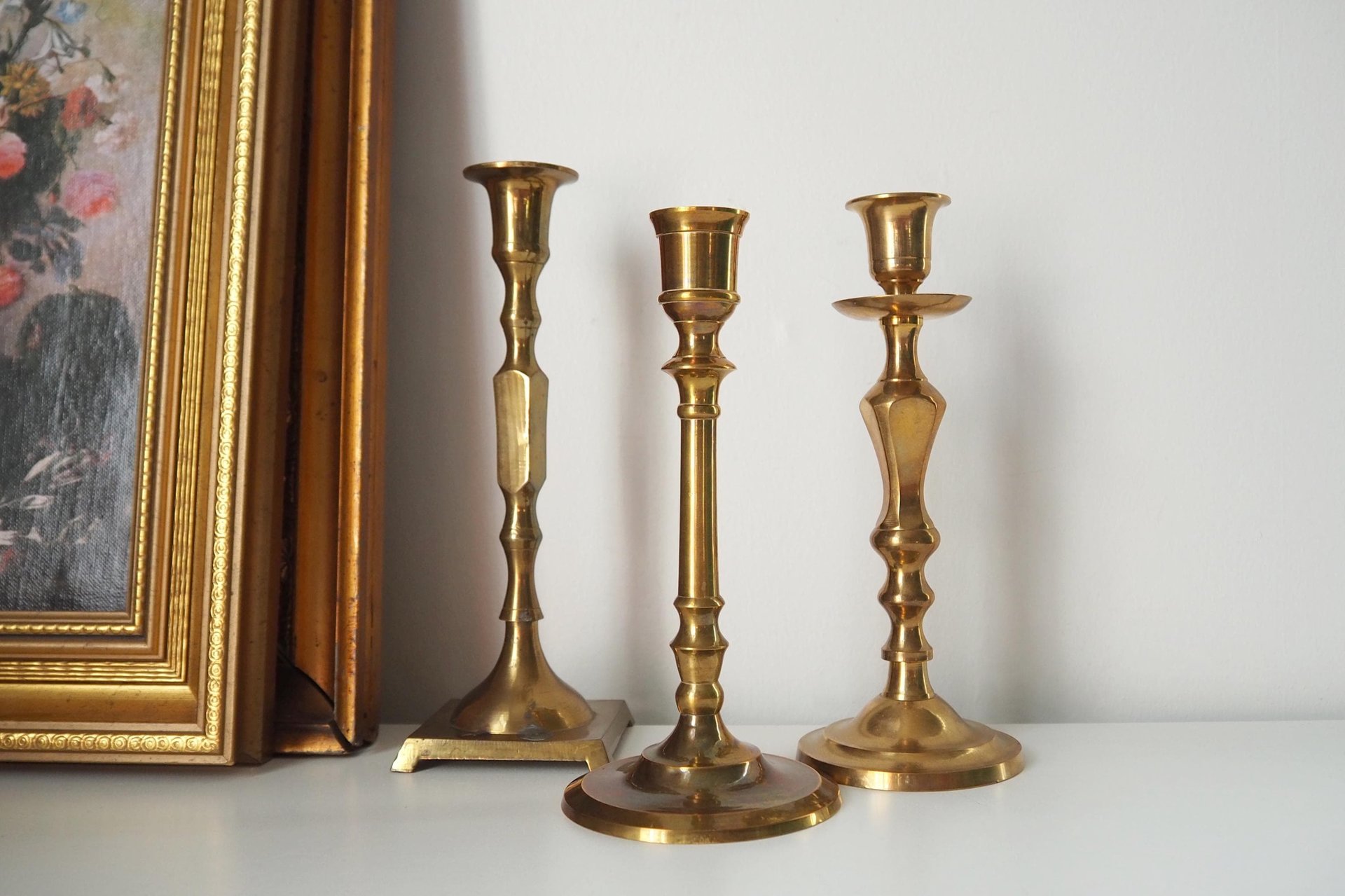Set of three mismatched vintage candlestick holders | Brass candlestick holders | Vintage brass candle holders | Mismatched candle holders
