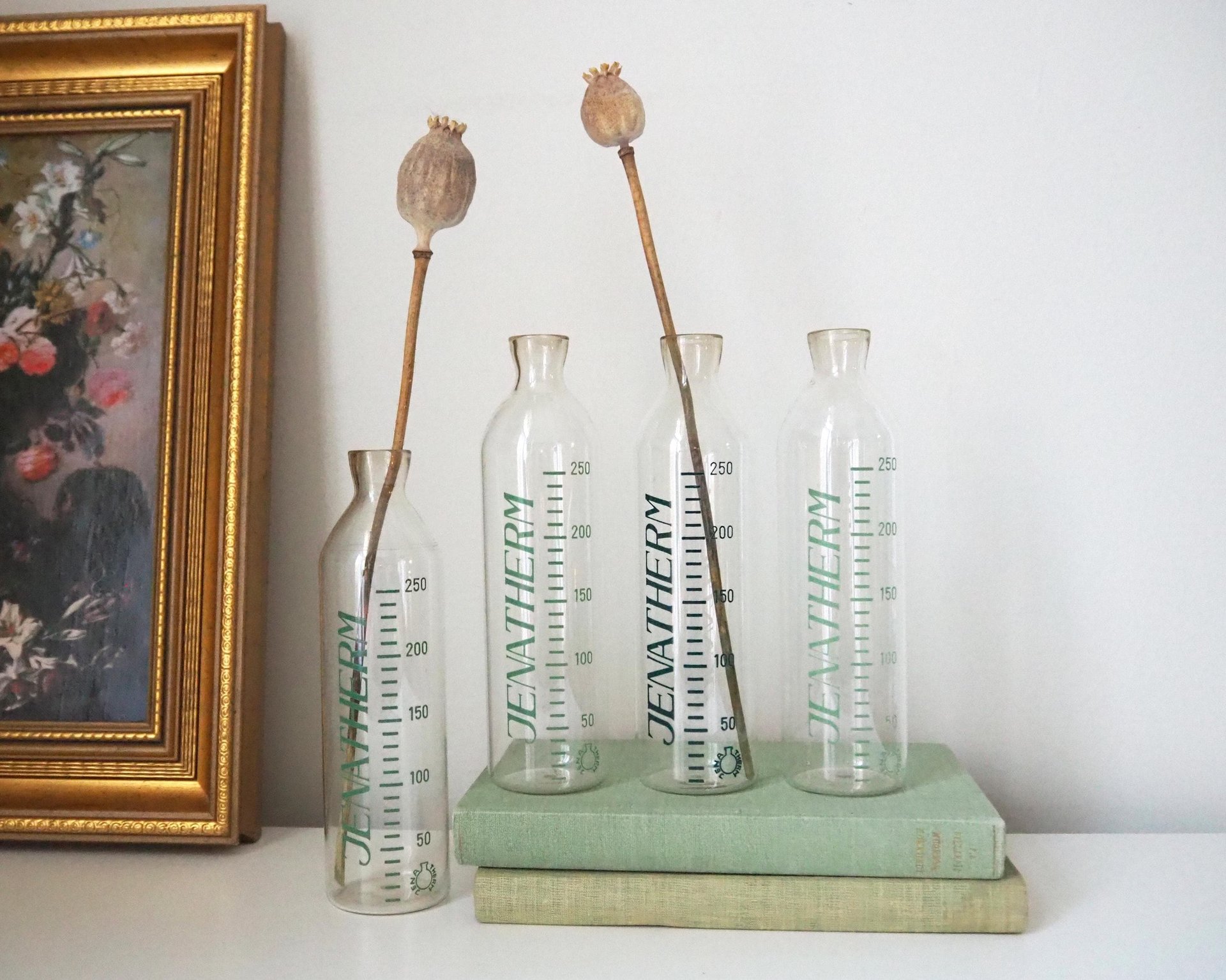 Set of four vintage glass bottles | Vintage Jenatherm laboratory bottles | Vintage apothecary bottles | Vintage glass vases
