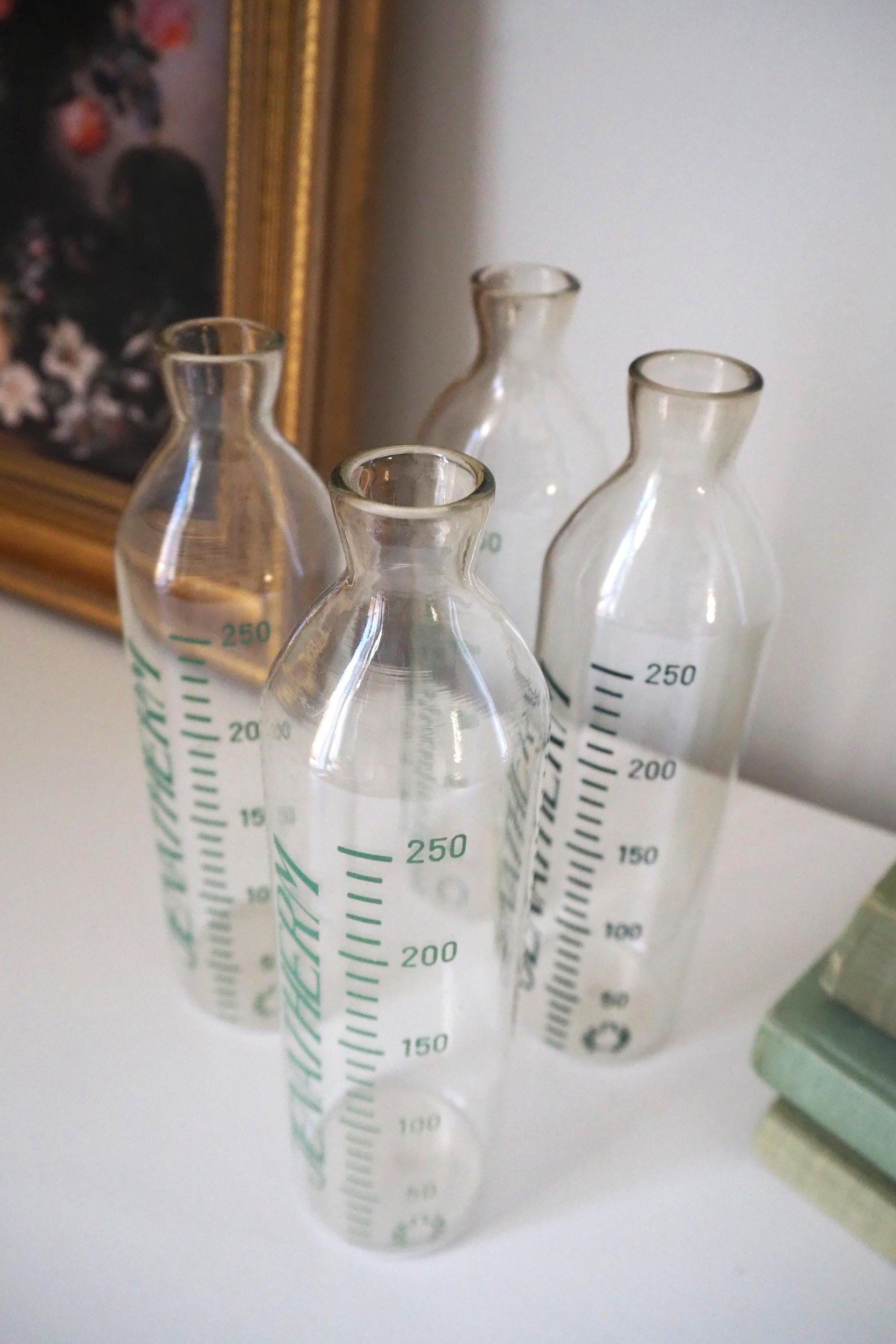 Set of four vintage glass bottles | Vintage Jenatherm laboratory bottles | Vintage apothecary bottles | Vintage glass vases
