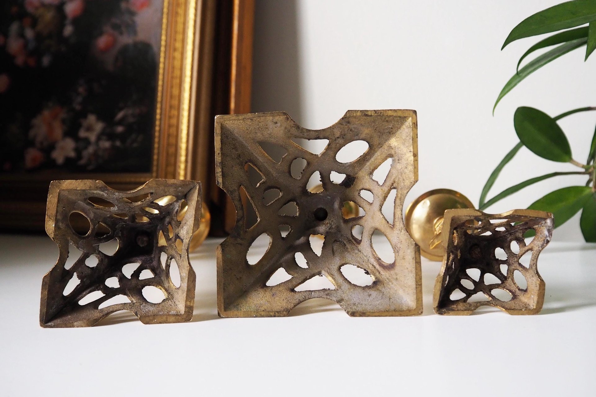 Set of three vintage candlestick holders | Brass candlestick holders | Tall brass candlestick holders | Mismatched candlestick holders