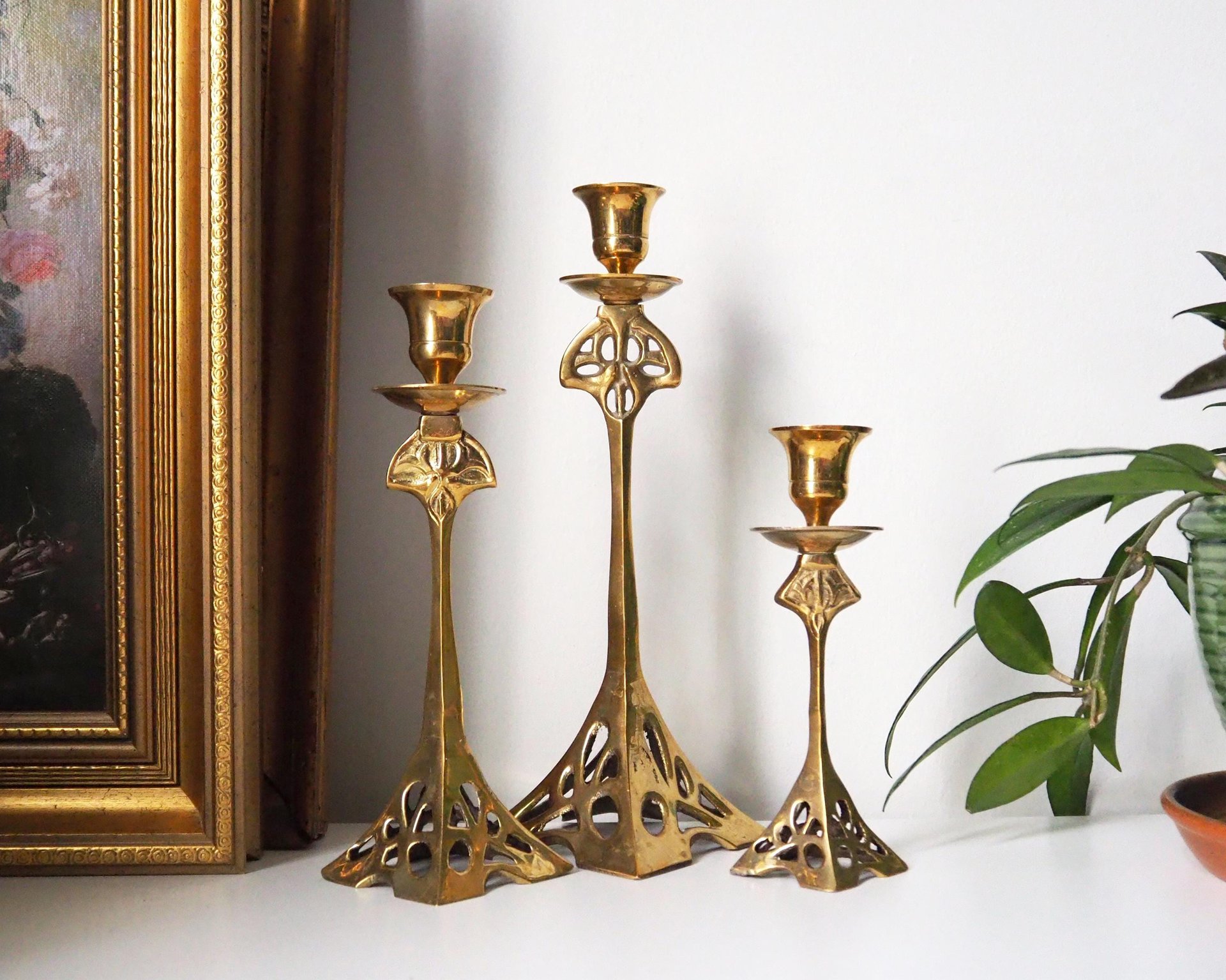 Set of three vintage candlestick holders | Brass candlestick holders | Tall brass candlestick holders | Mismatched candlestick holders