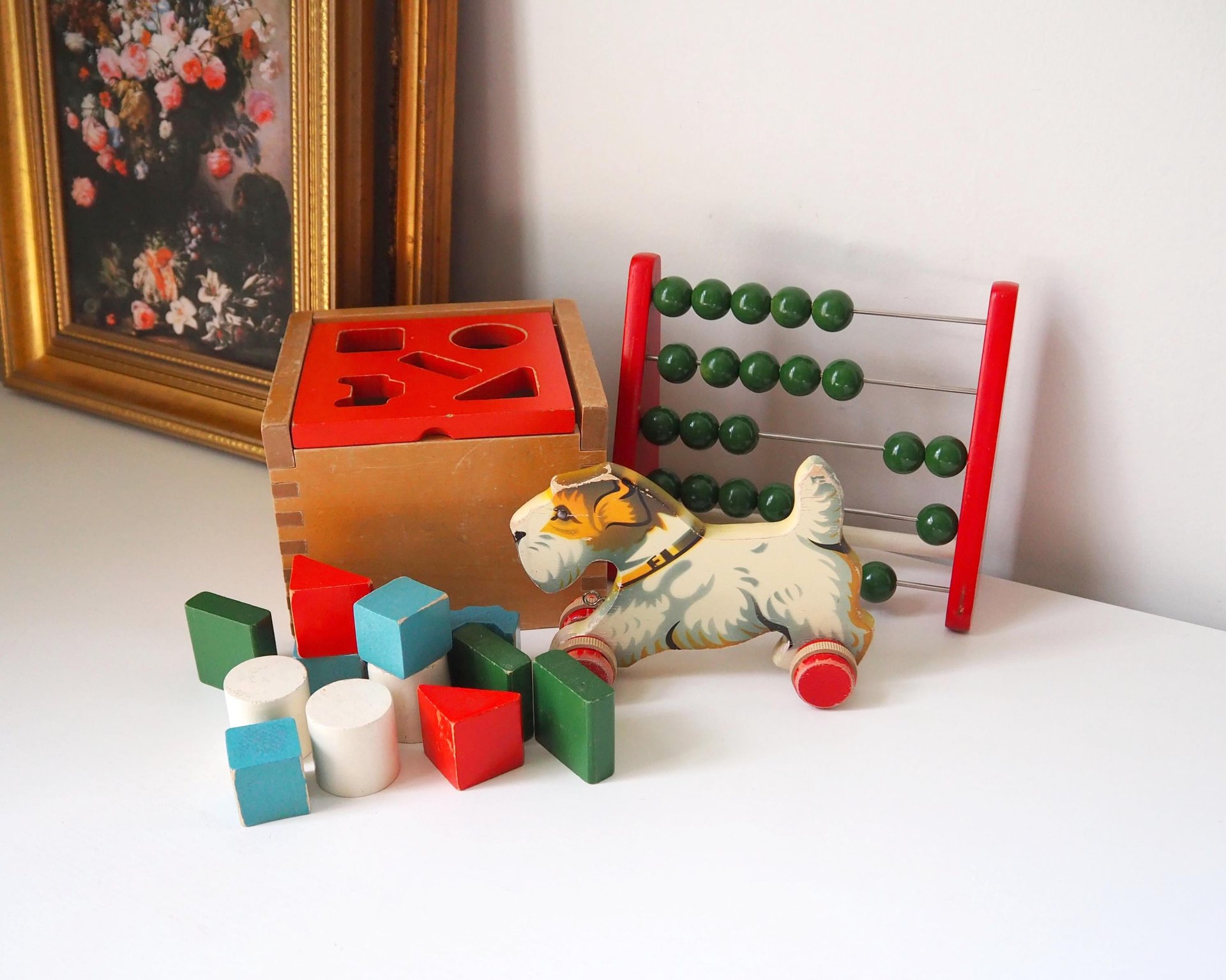 Vintage wooden toy set | Vintage children's abacus | Wooden shape sorter | Vintage wooden blocks | Vintage wooden dog | Vintage wooden toys