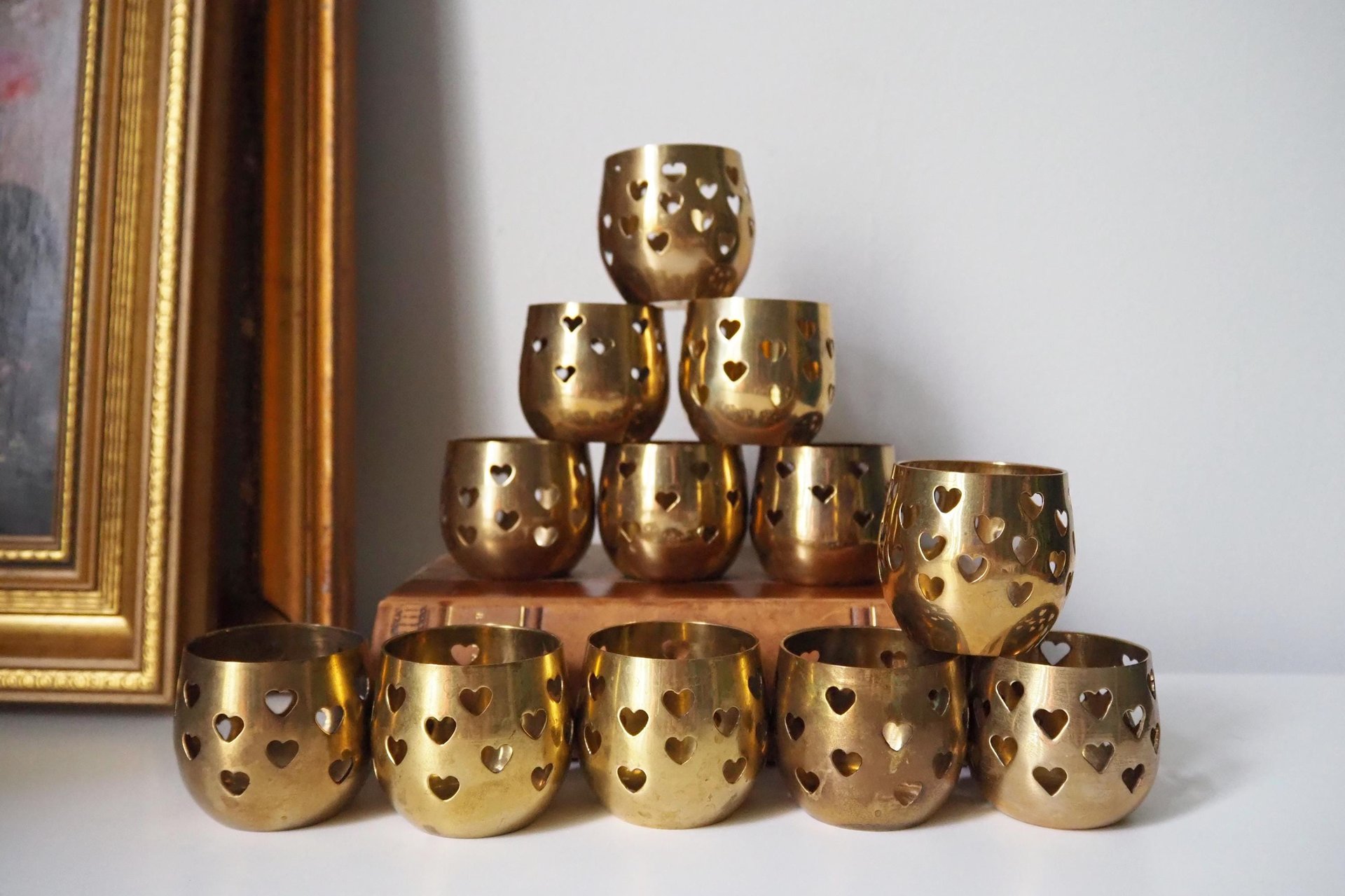 Set of twelve vintage tealight candle holders | Heart tealight candleholders | Vintage brass votive candleholders | Brass tealight holders