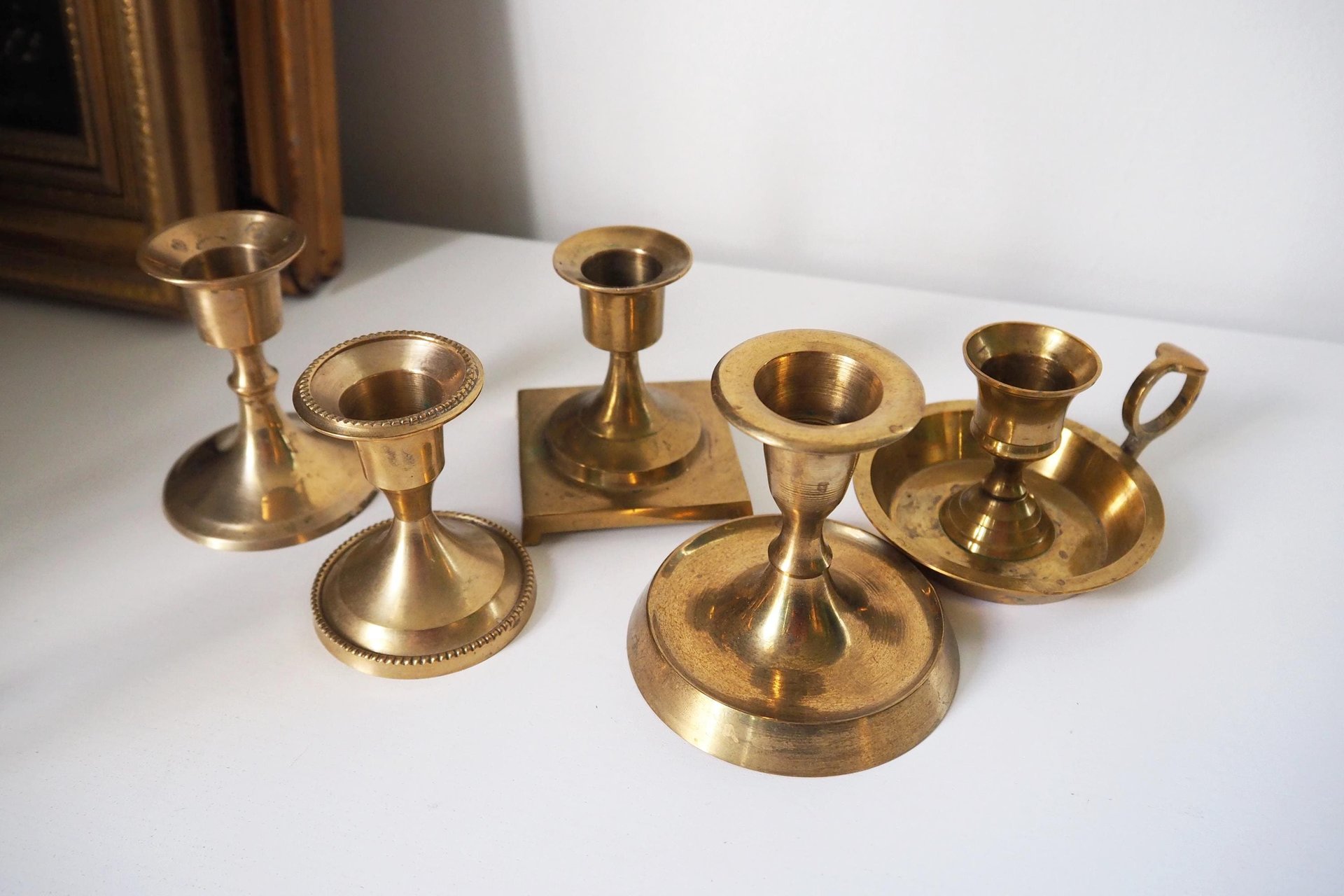 Set of five mismatched vintage candlestick holders | Small candlestick holders | Vintage brass candle holders | Mismatched candle holders