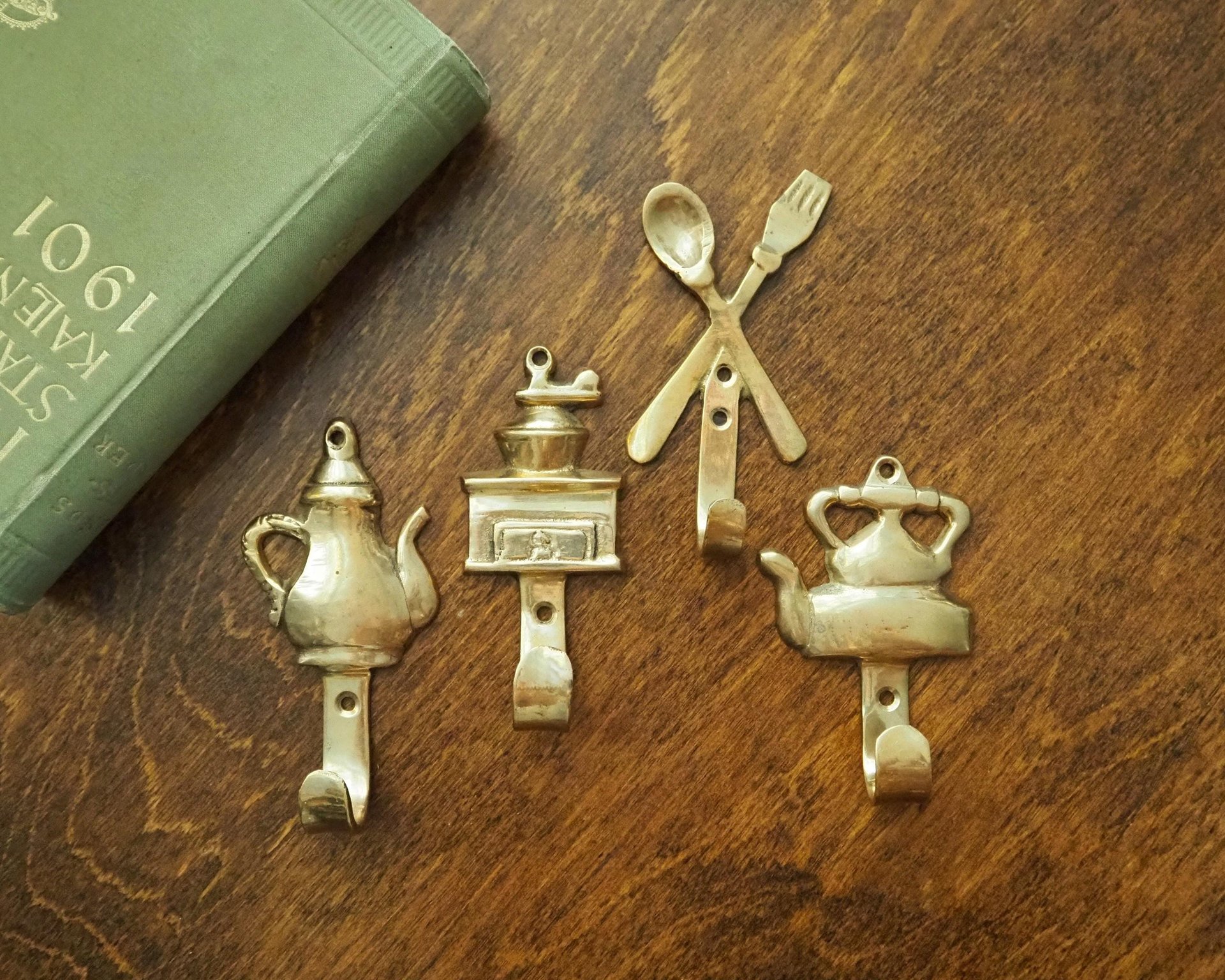 Vintage brass wall hooks | Set of four brass wall hooks | Small brass wall hooks | Kitchen wall hooks | Mismatched brass wall hooks