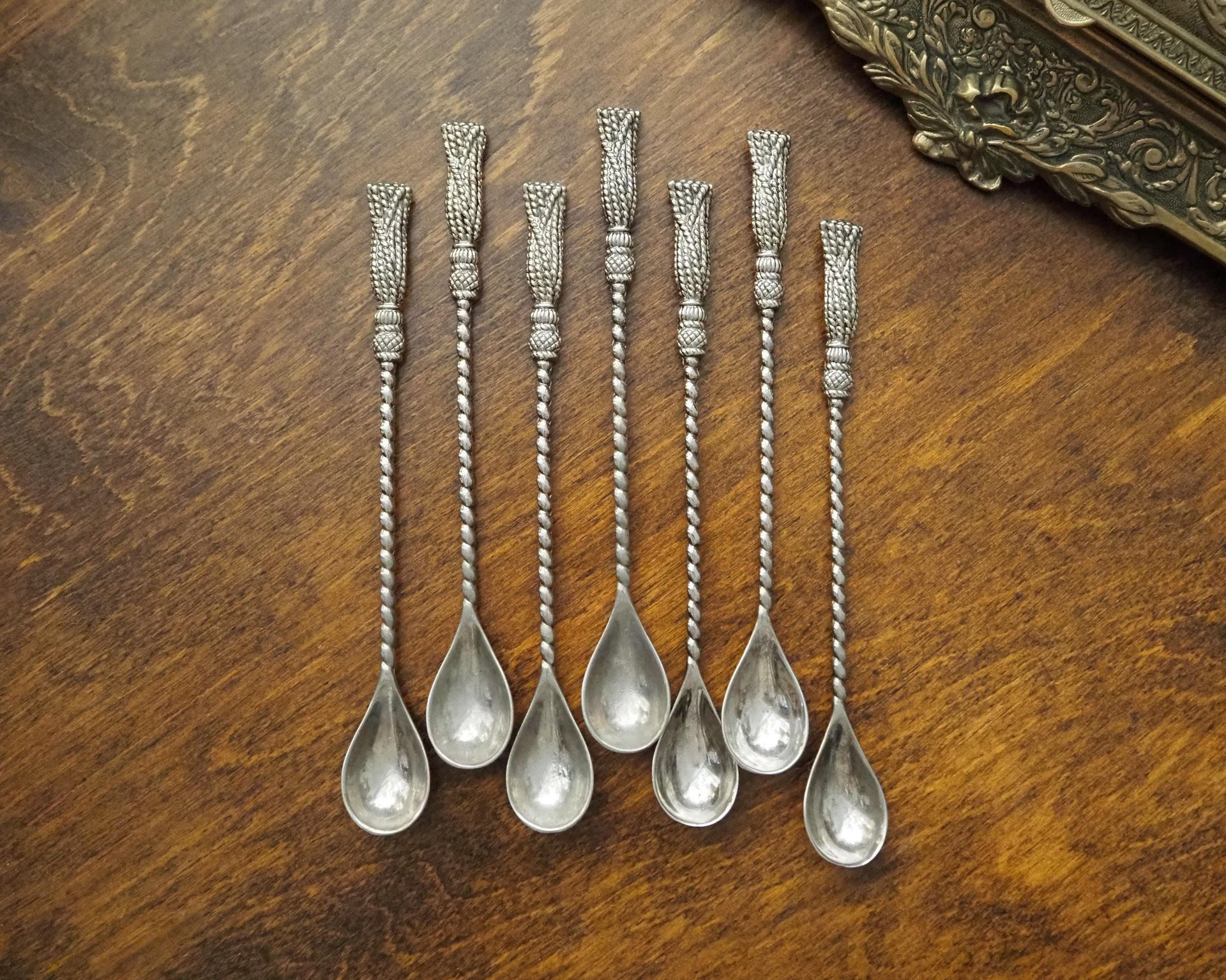Set of seven vintage spoons | Silea tassel twisted handle spoons | Long vintage spoons | Silea spoons | Vintage dessert spoons