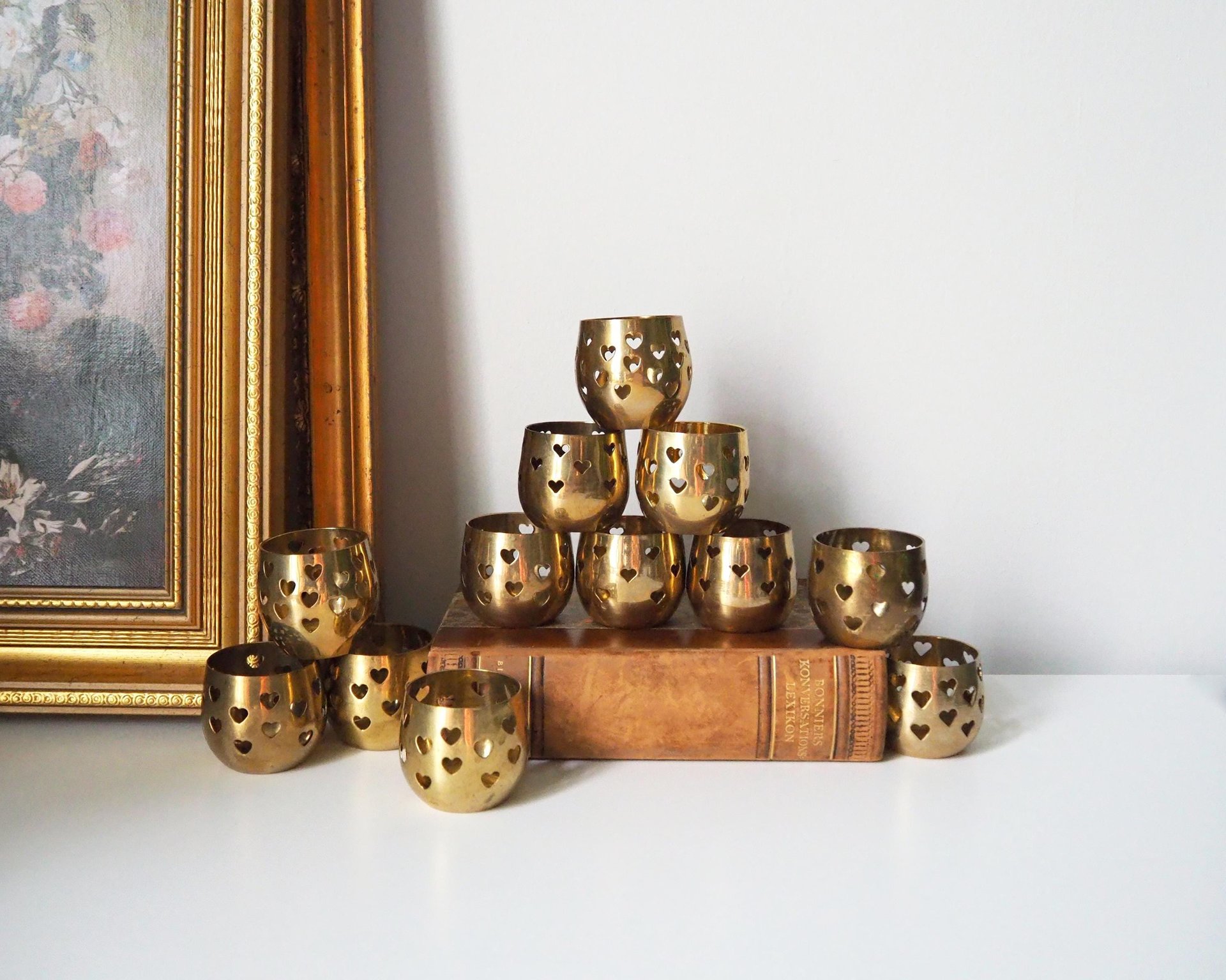 Set of twelve vintage tealight candle holders | Heart tealight candleholders | Vintage brass votive candleholders | Brass tealight holders