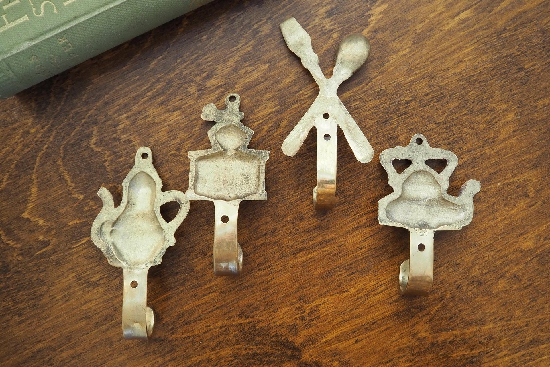 Vintage brass wall hooks | Set of four brass wall hooks | Small brass wall hooks | Kitchen wall hooks | Mismatched brass wall hooks
