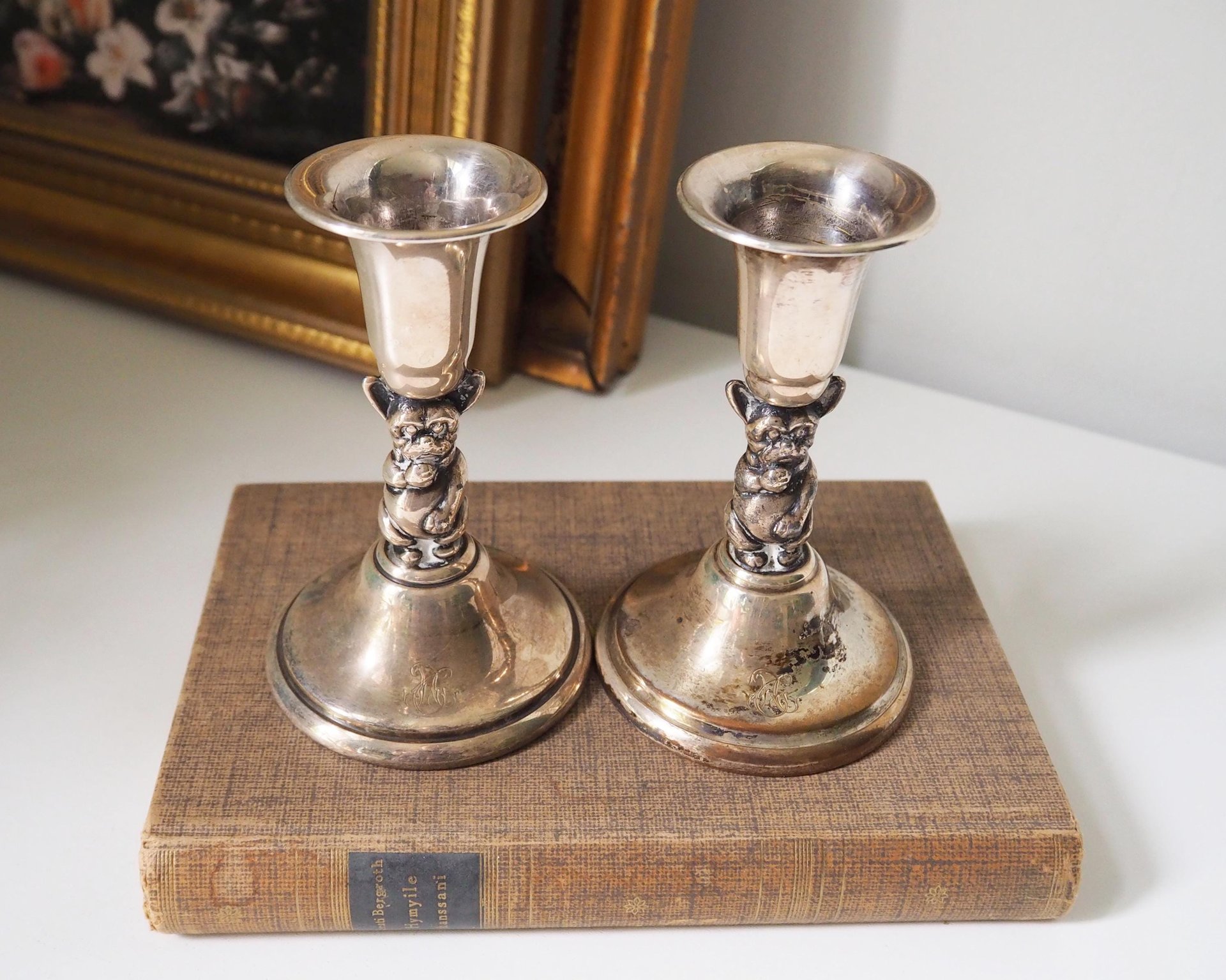 Set of two vintage candlesticks | Silver plated candle holders | Bulldog candlesticks | Vintage candle holders | Dog home decor