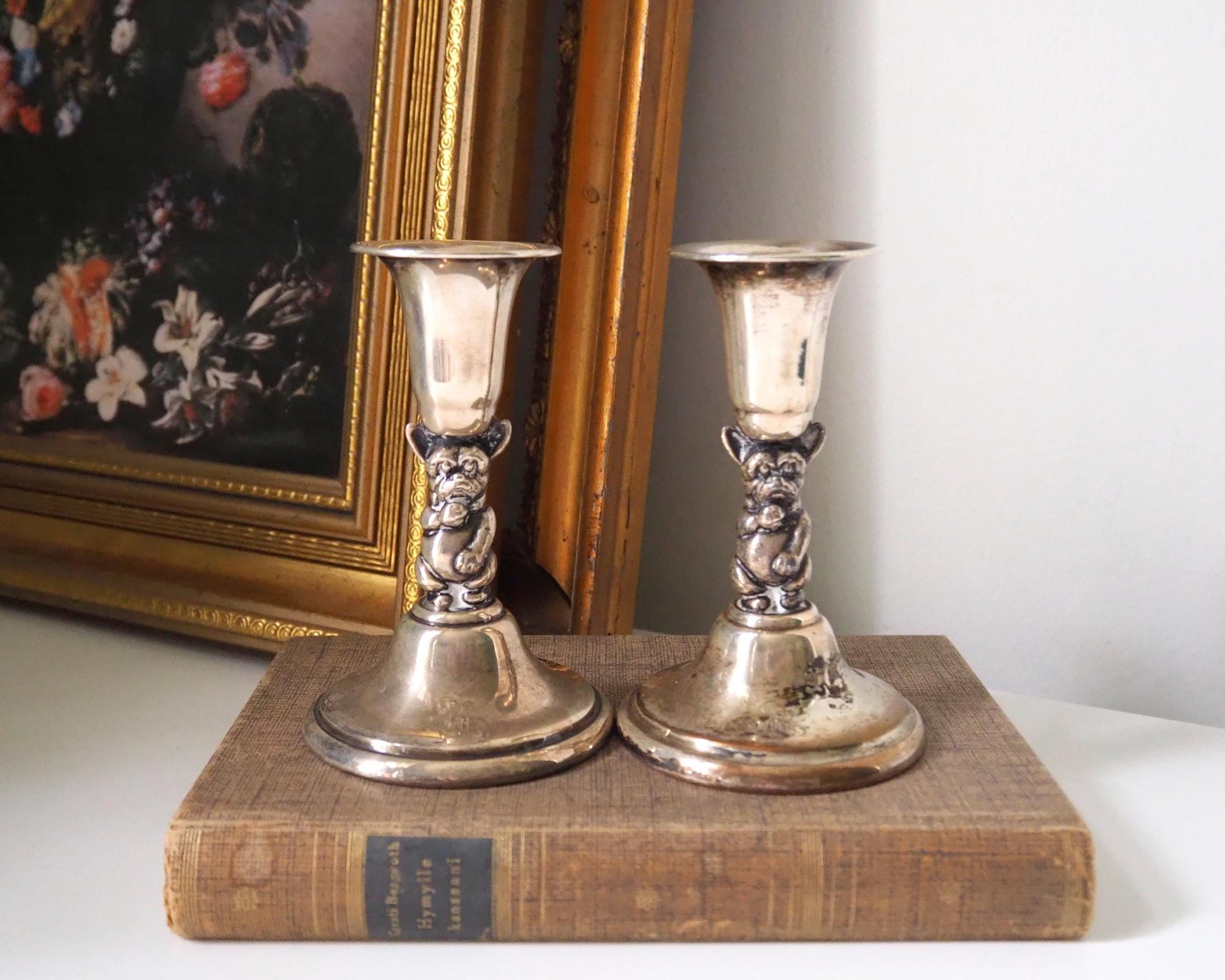 Set of two vintage candlesticks | Silver plated candle holders | Bulldog candlesticks | Vintage candle holders | Dog home decor