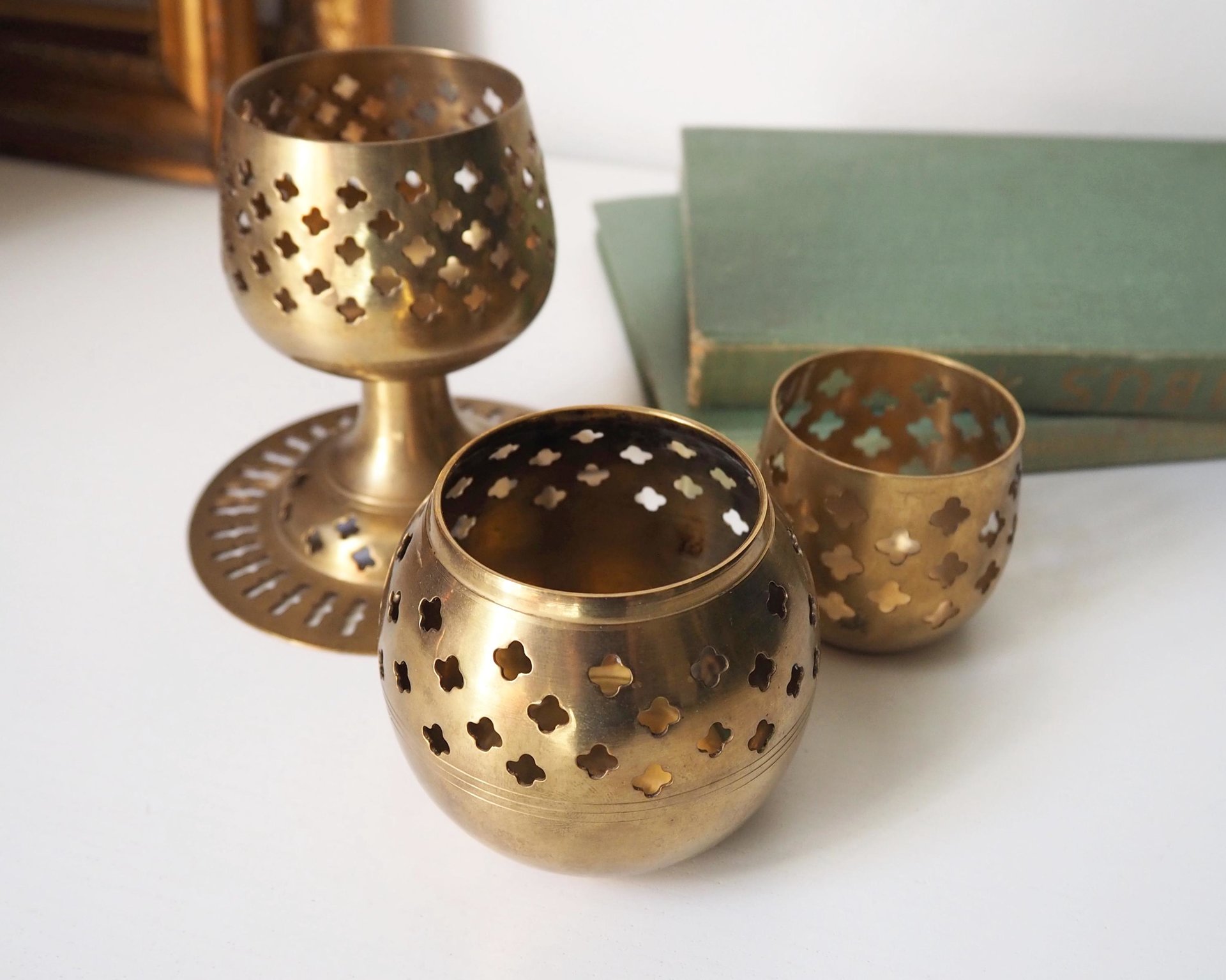 Set of three vintage tealight candle holders | Brass tealight candleholders | Vintage brass votive candleholders | Mismatched candle holders