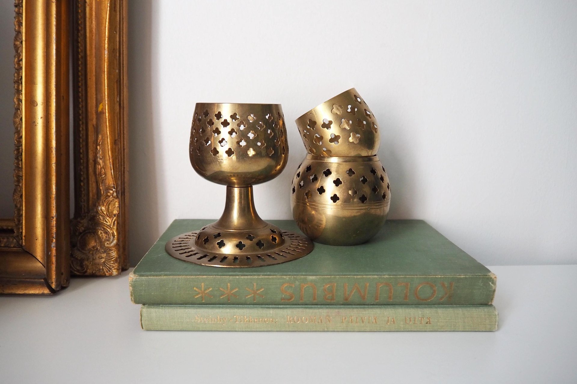 Set of three vintage tealight candle holders | Brass tealight candleholders | Vintage brass votive candleholders | Mismatched candle holders