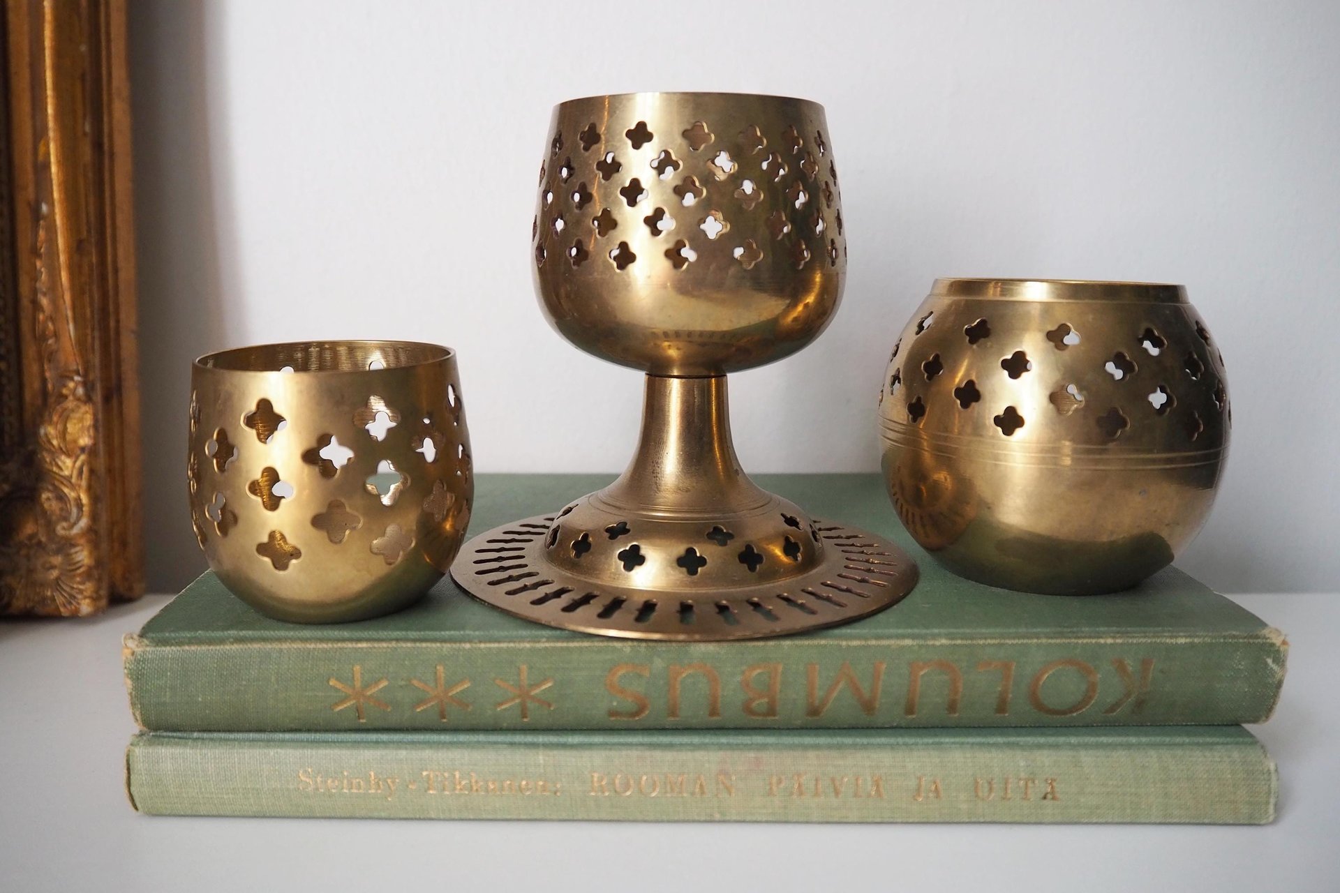 Set of three vintage tealight candle holders | Brass tealight candleholders | Vintage brass votive candleholders | Mismatched candle holders