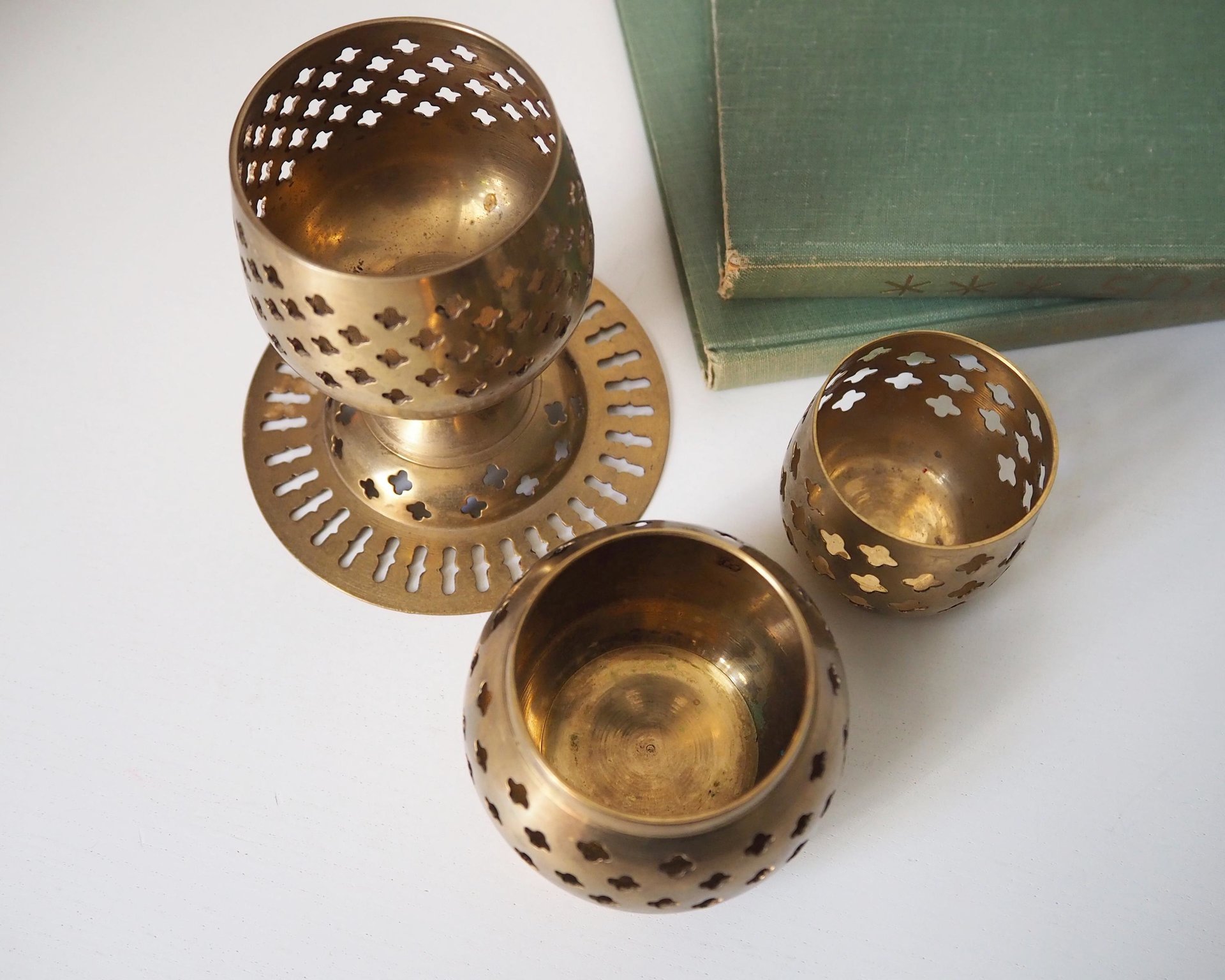 Set of three vintage tealight candle holders | Brass tealight candleholders | Vintage brass votive candleholders | Mismatched candle holders