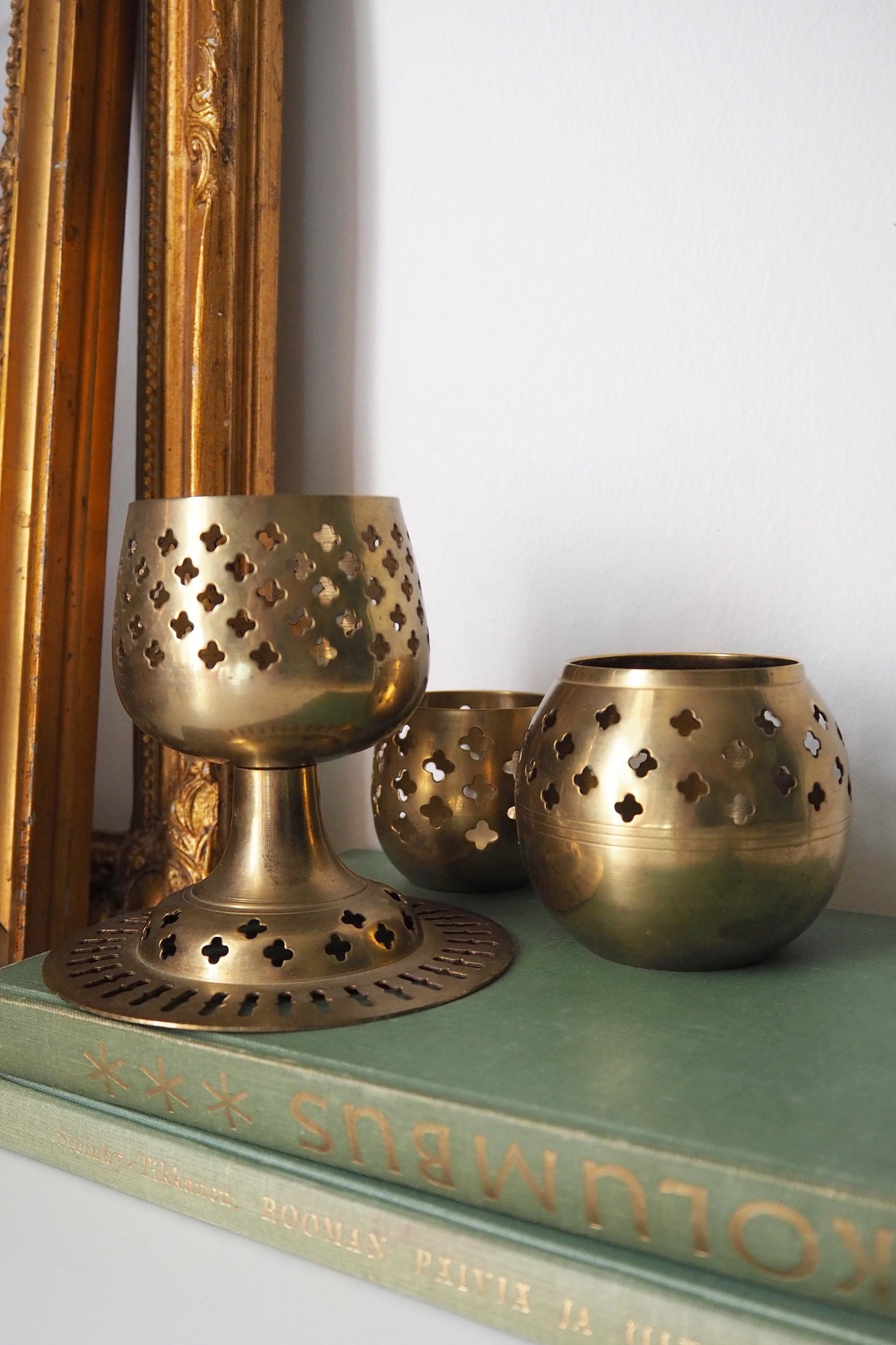 Set of three vintage tealight candle holders | Brass tealight candleholders | Vintage brass votive candleholders | Mismatched candle holders