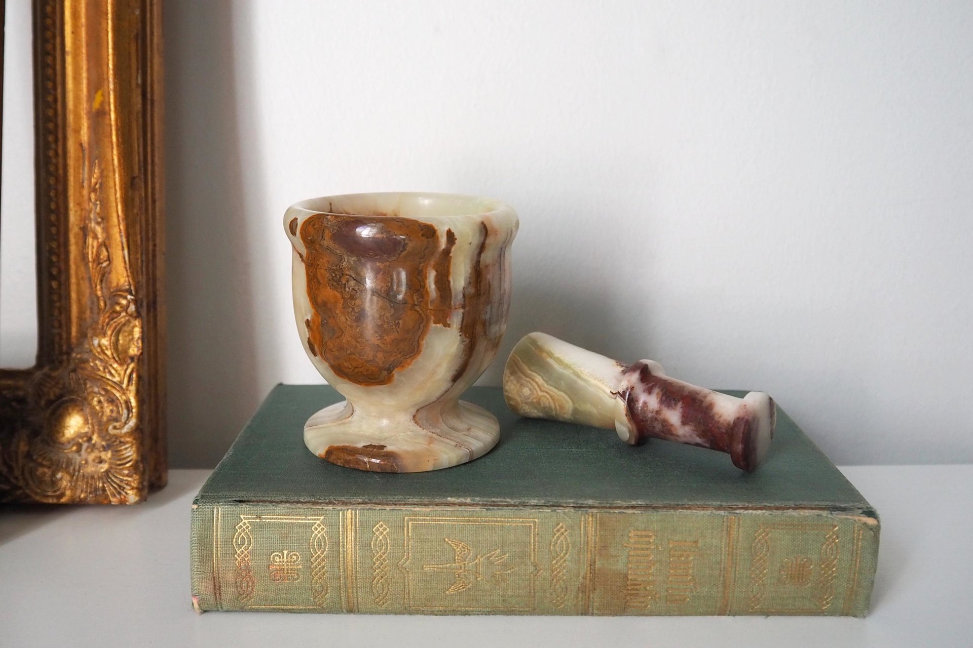 Vintage mortar and pestle | Onyx marble mortar | Small marble mortar | Green and brown onyx mortar and pestle
