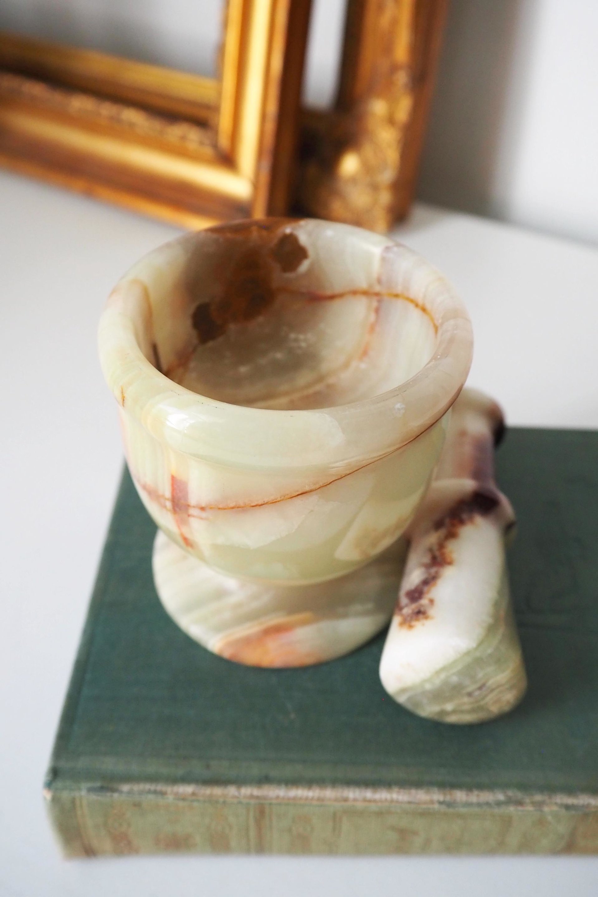Vintage mortar and pestle | Onyx marble mortar | Small marble mortar | Green and brown onyx mortar and pestle