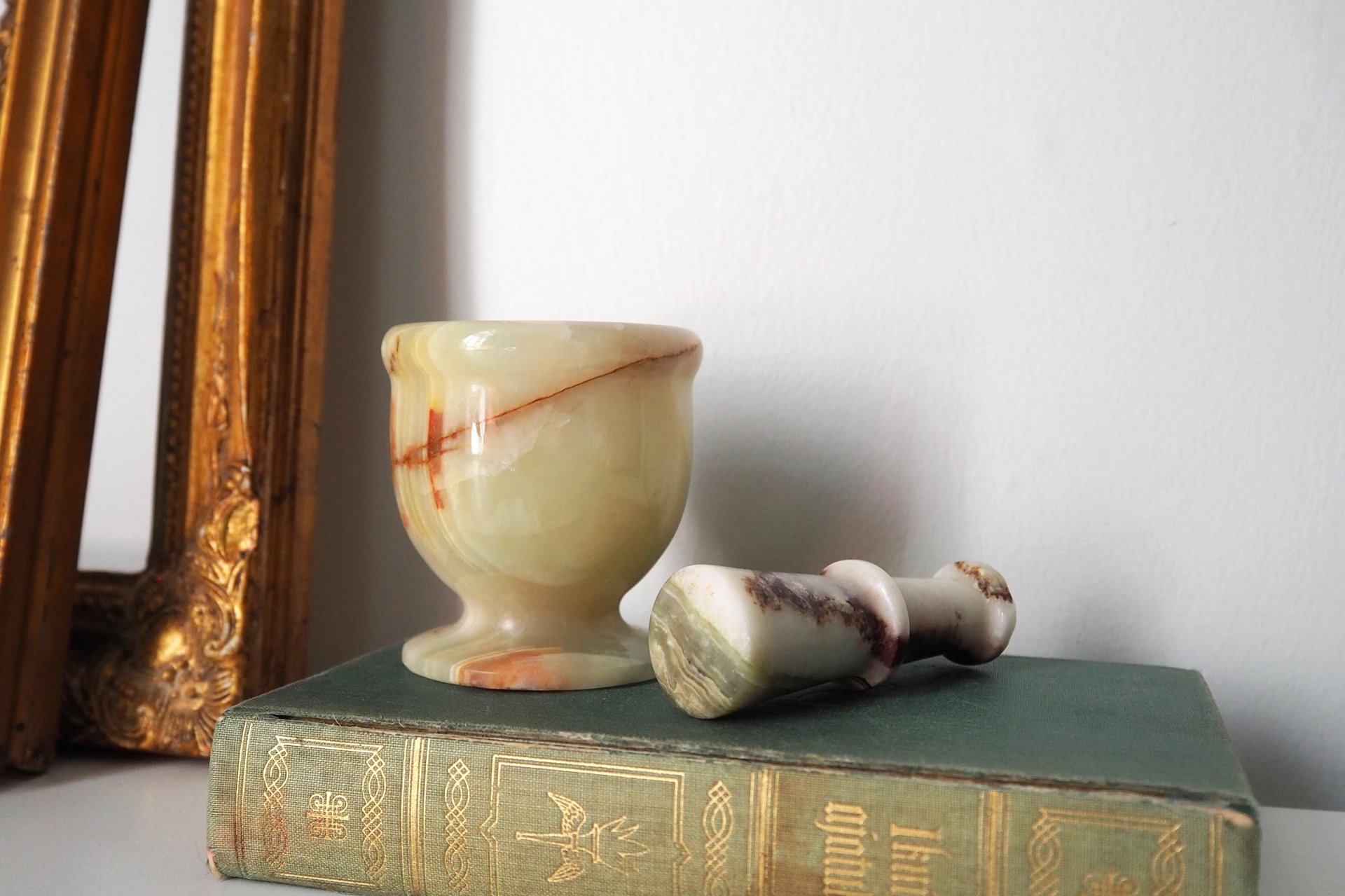 Vintage mortar and pestle | Onyx marble mortar | Small marble mortar | Green and brown onyx mortar and pestle
