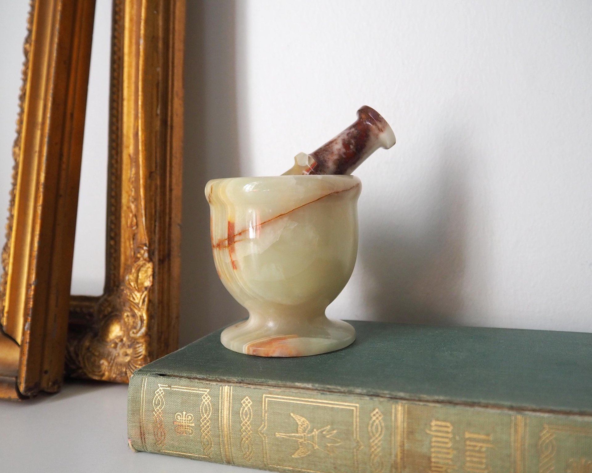 Vintage mortar and pestle | Onyx marble mortar | Small marble mortar | Green and brown onyx mortar and pestle