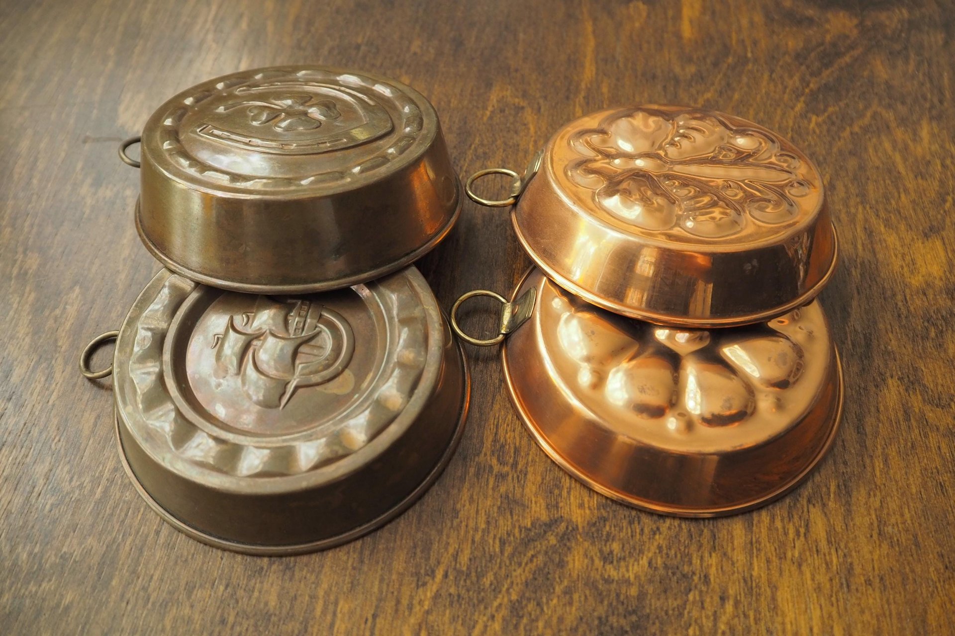 Set of four vintage copper baking molds | Small copper molds | Mismatched copper molds | Vintage copper molds | Vintage kitchen decor