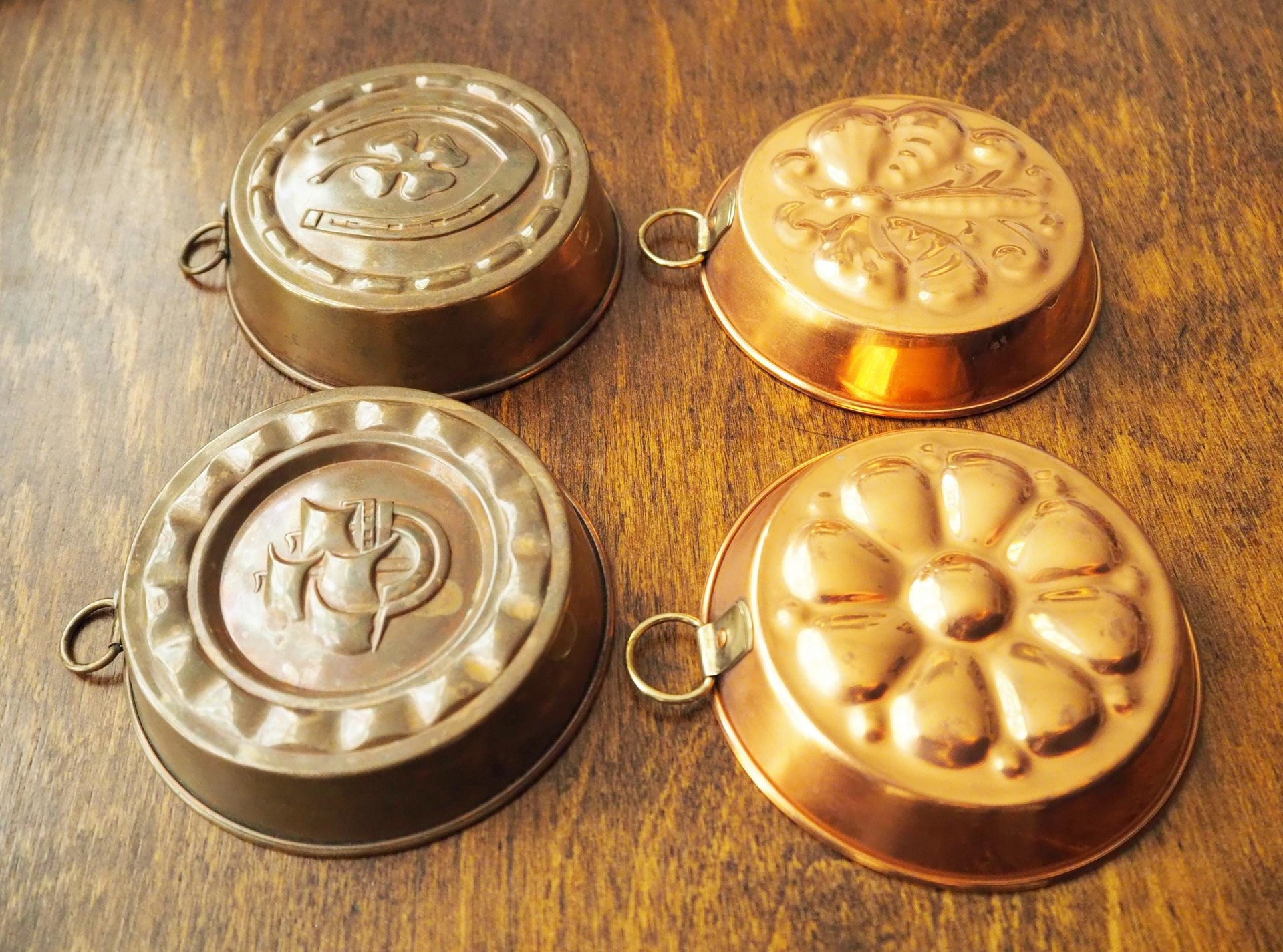 Set of four vintage copper baking molds | Small copper molds | Mismatched copper molds | Vintage copper molds | Vintage kitchen decor