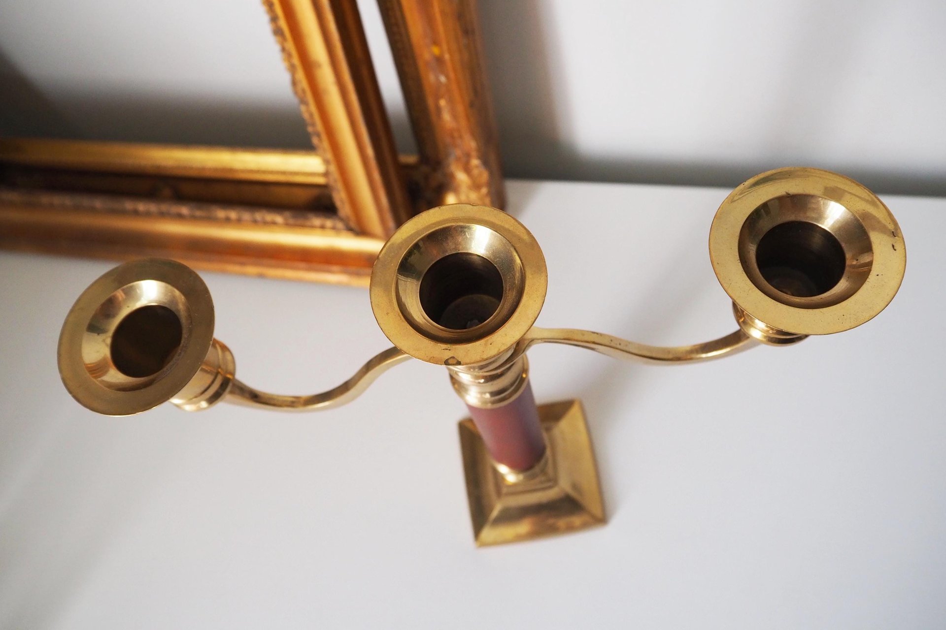 Vintage brass candelabra | Brass and wood candelabra | Three arm brass candlestick holder | Three arm candelabrum